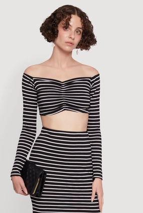 Chic Striped Off Shoulder Long Sleeve Top with Ruching and Cropped Hem Athletic Low Maintenance Fabric