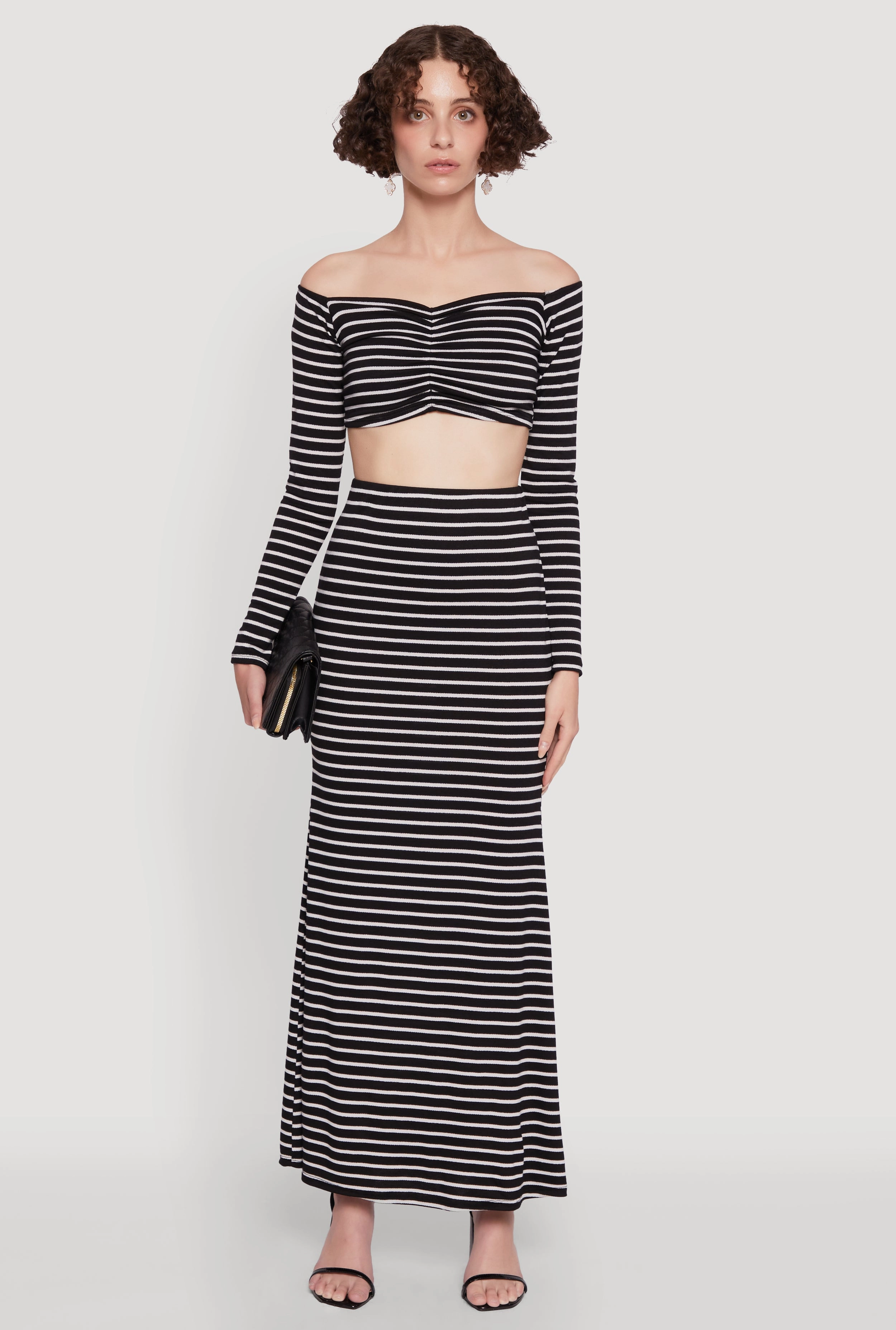 Chic Striped Off Shoulder Long Sleeve Top with Ruching and Cropped Hem Neutral Color