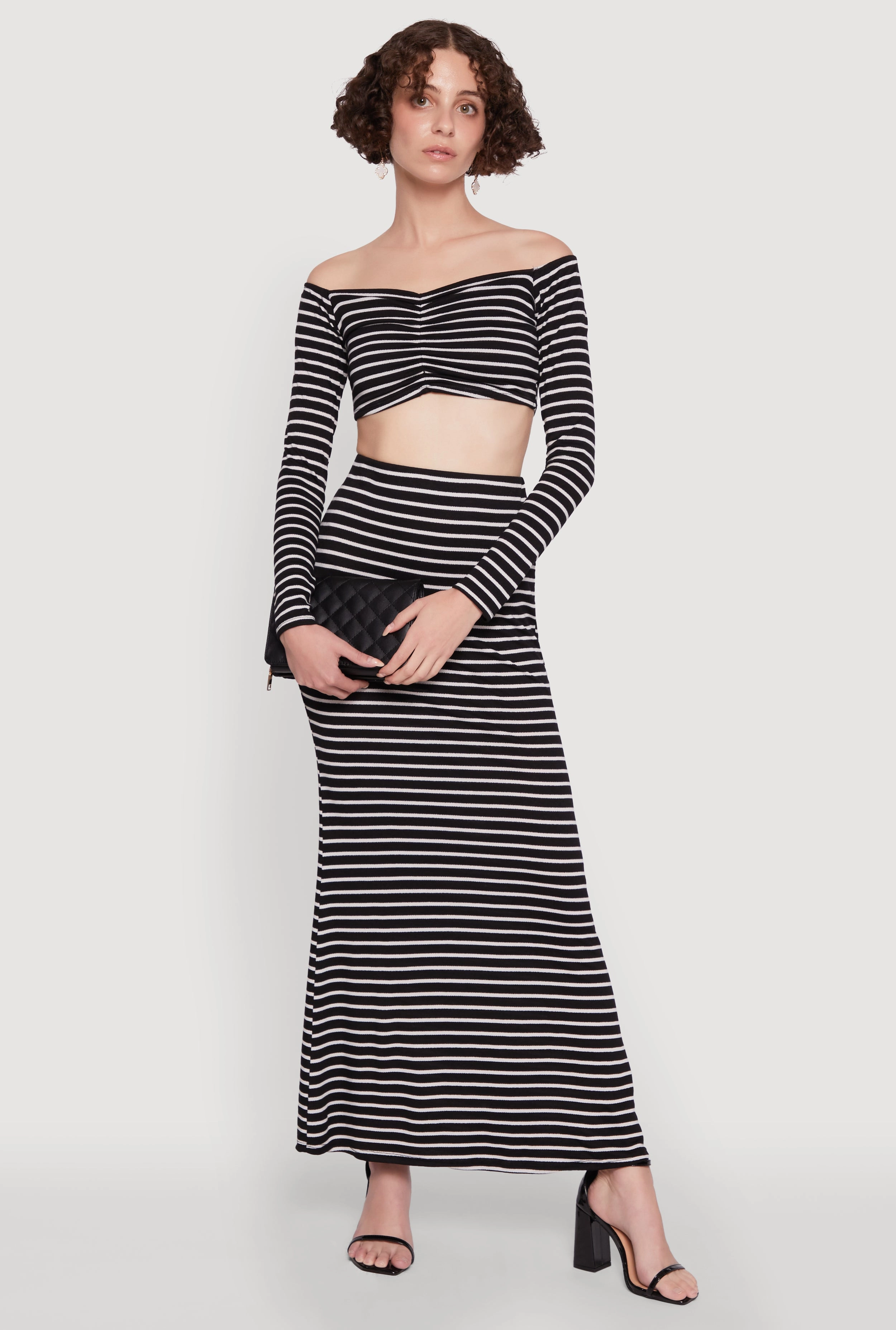 Chic Striped Off Shoulder Long Sleeve Top with Ruching and Cropped Hem Youth Fit