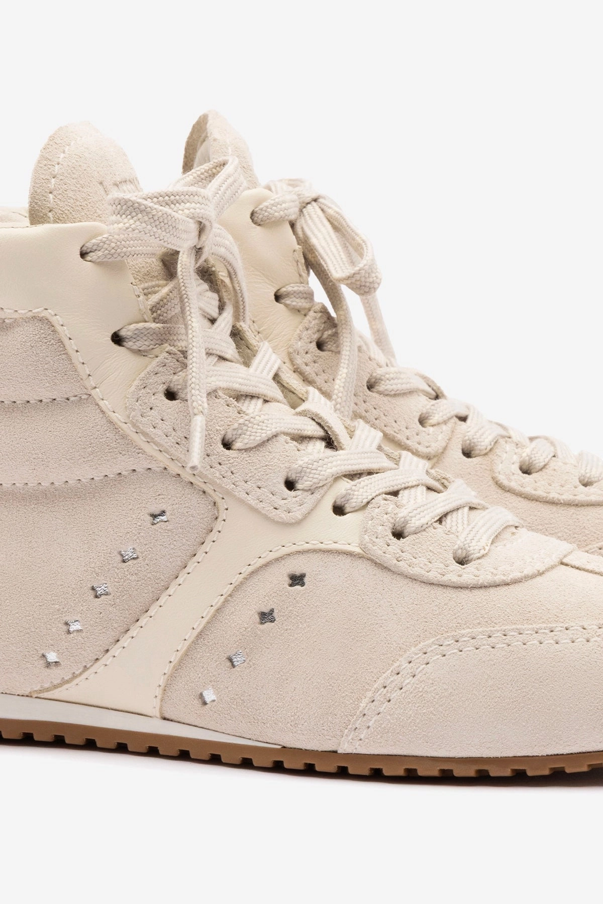 Stella Mid Sneaker In Mushroom Grey Suede and Ivory Leather Outdoor Use Bonded Seam Construction