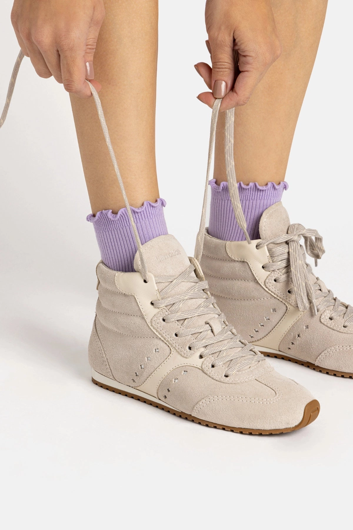Walking Stella Mid Sneaker In Mushroom Grey Suede and Ivory Leather
