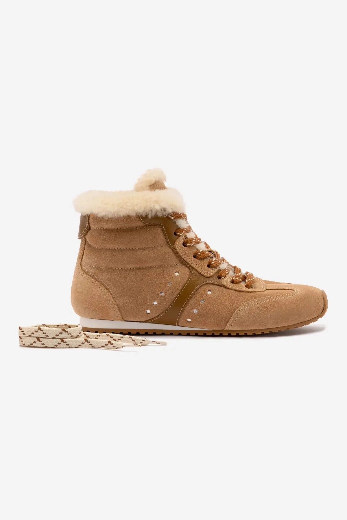 Stella Mid Sneaker In Peanut Suede And Natural Shearling Urban Ready Stretch Knit Upper