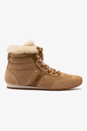 Stella Mid Sneaker In Peanut Suede And Natural Shearling Woven TPU Cage