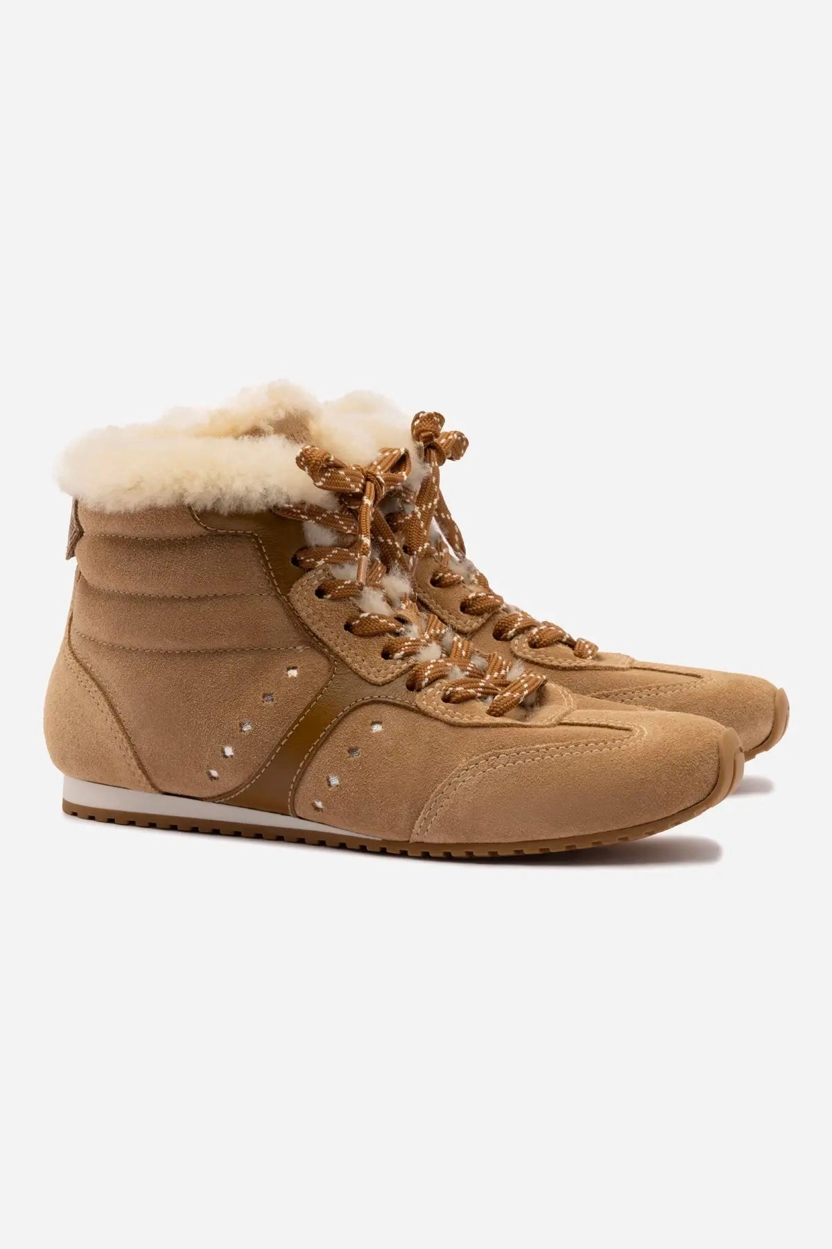 Stella Mid Sneaker In Peanut Suede And Natural Shearling Adaptive Fit System Minimalist Base