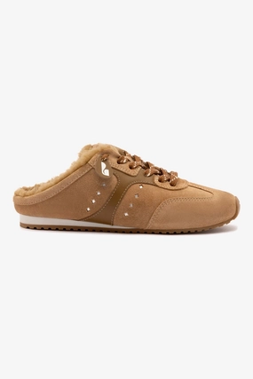 Quick Walk Reliable Traction Stella Mule In Peanut Suede And Natural Shearling