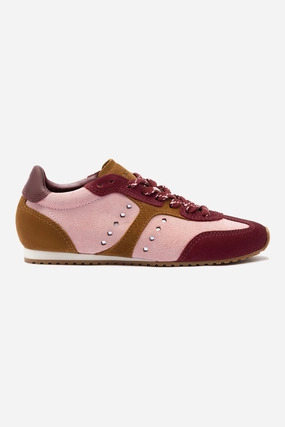 Cushioned Walk Stella Sneaker In Tulip, Russet and Wine Suede and Silver Metallic Leather