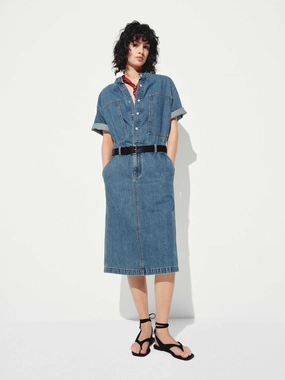 Straight Cut Denim Midi Dress Layered Texture Perfect Layering