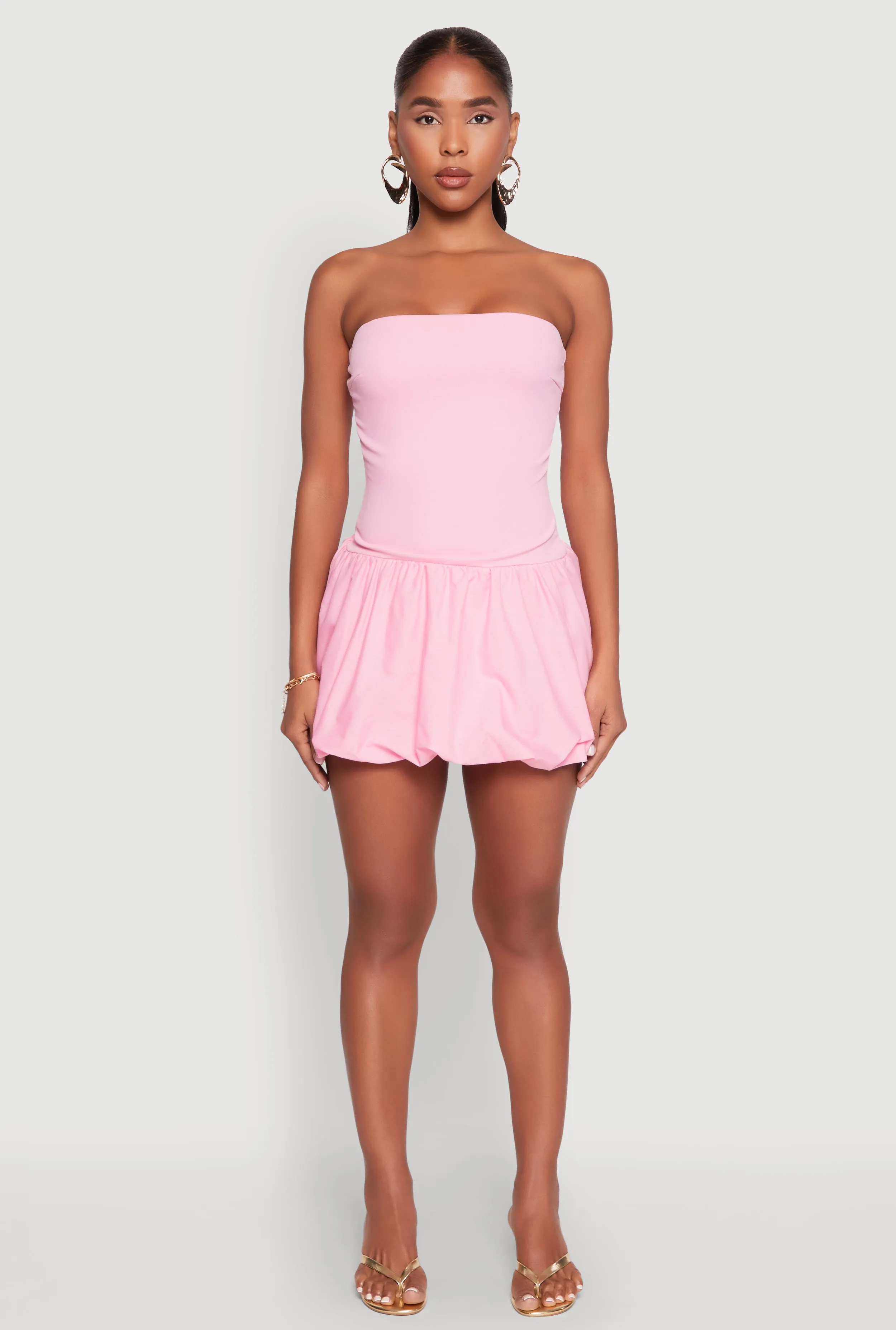 Strapless Bubble Hem Mini Dress Farm Air Silky-Feel
