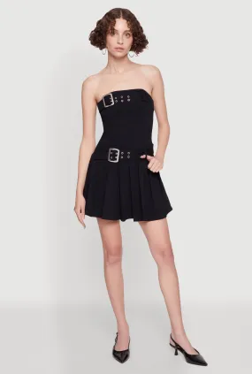 Strapless Double Belted Pleated Skater Dress Perfect Style