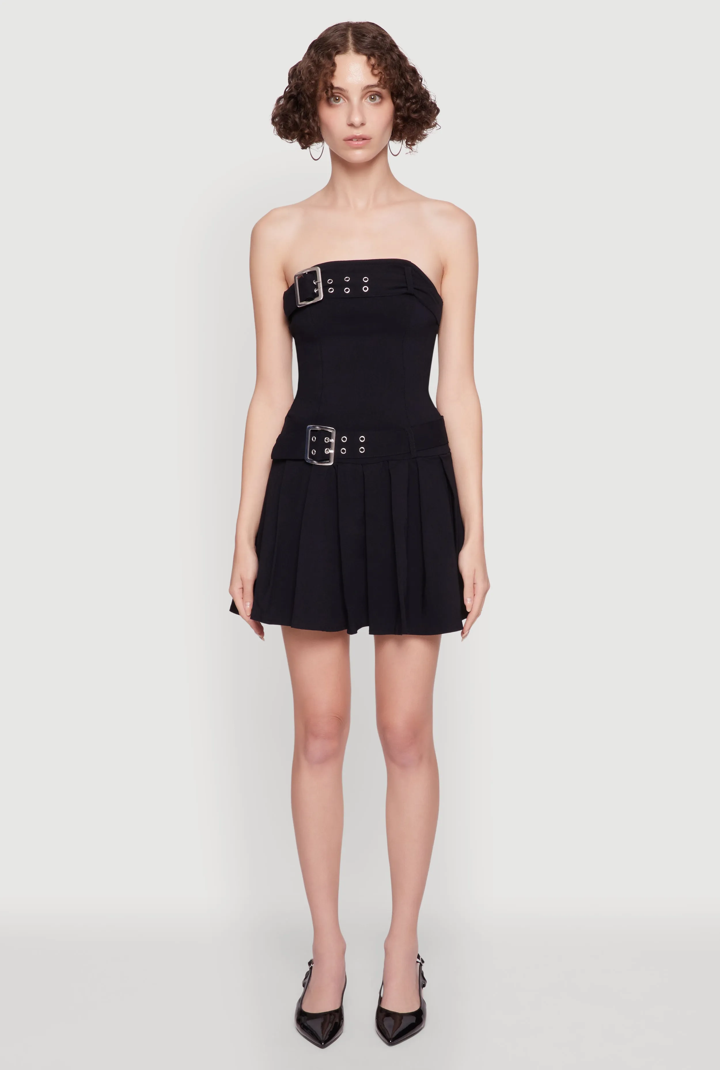 Timeless Cut Smart Texture Strapless Double Belted Pleated Skater Dress