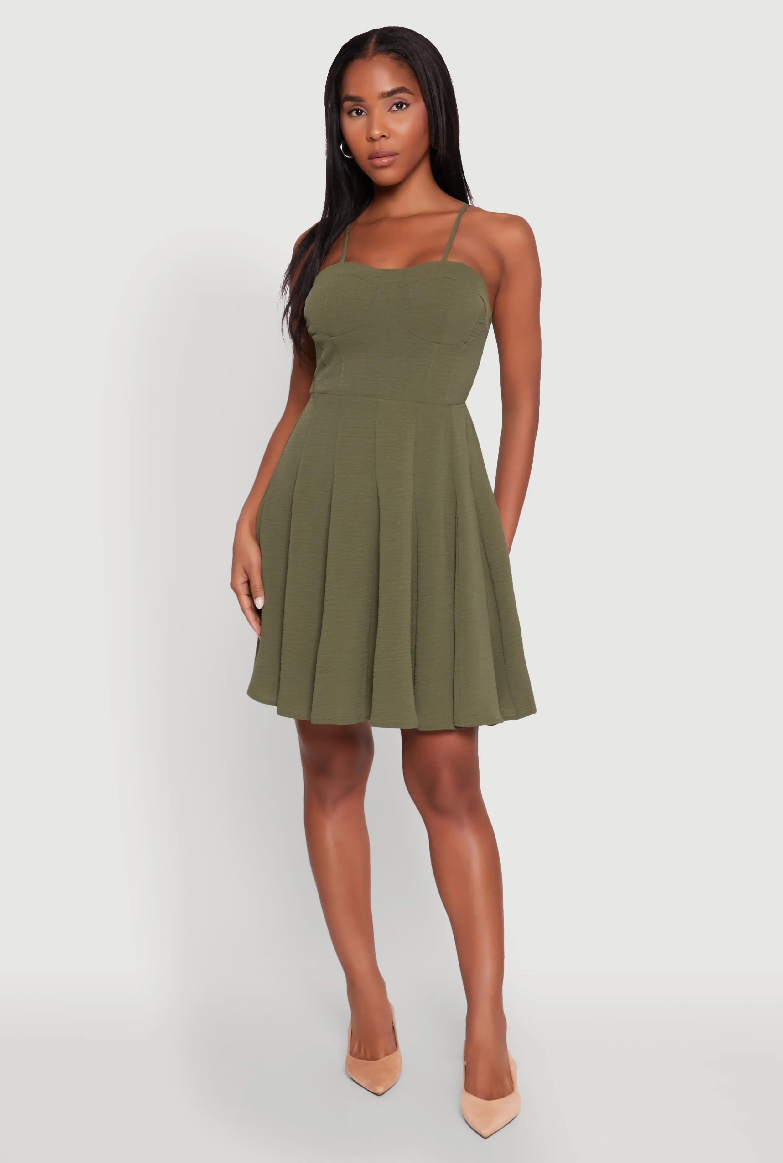 Airy Bustier Pleated Skater Dress Cruise-Wear Elegant Wearable