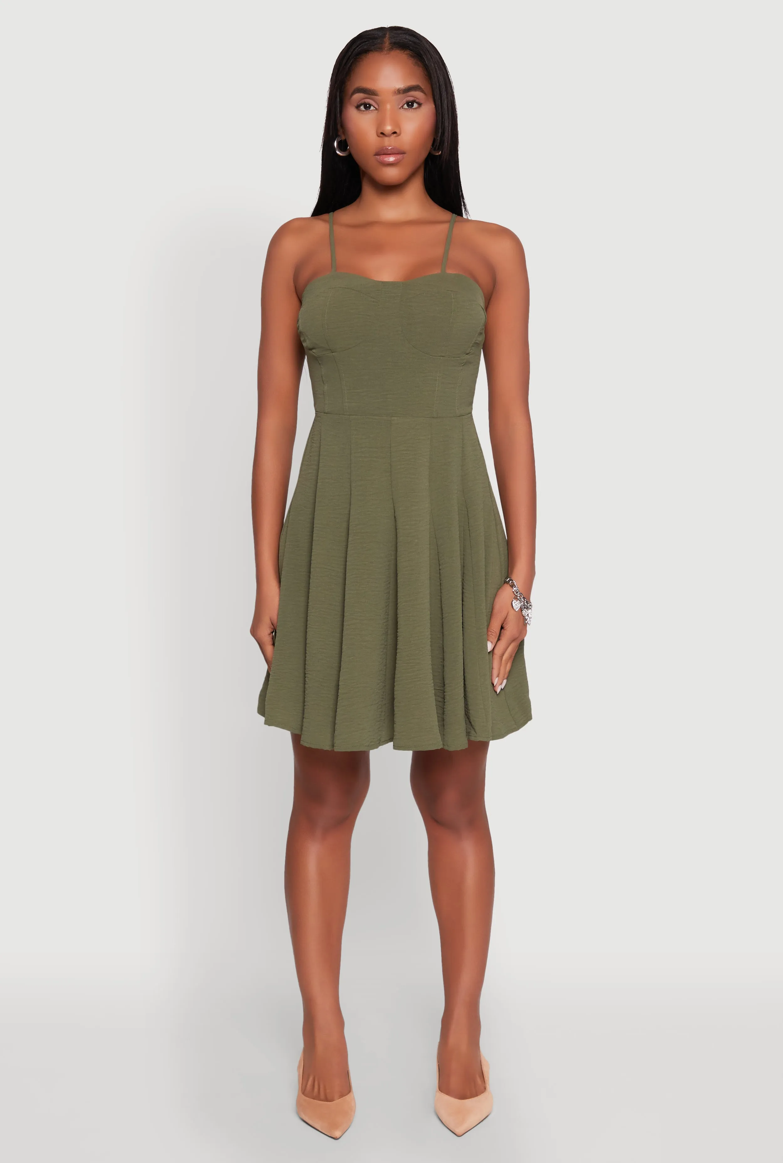 Airy Bustier Pleated Skater Dress Sage Detail