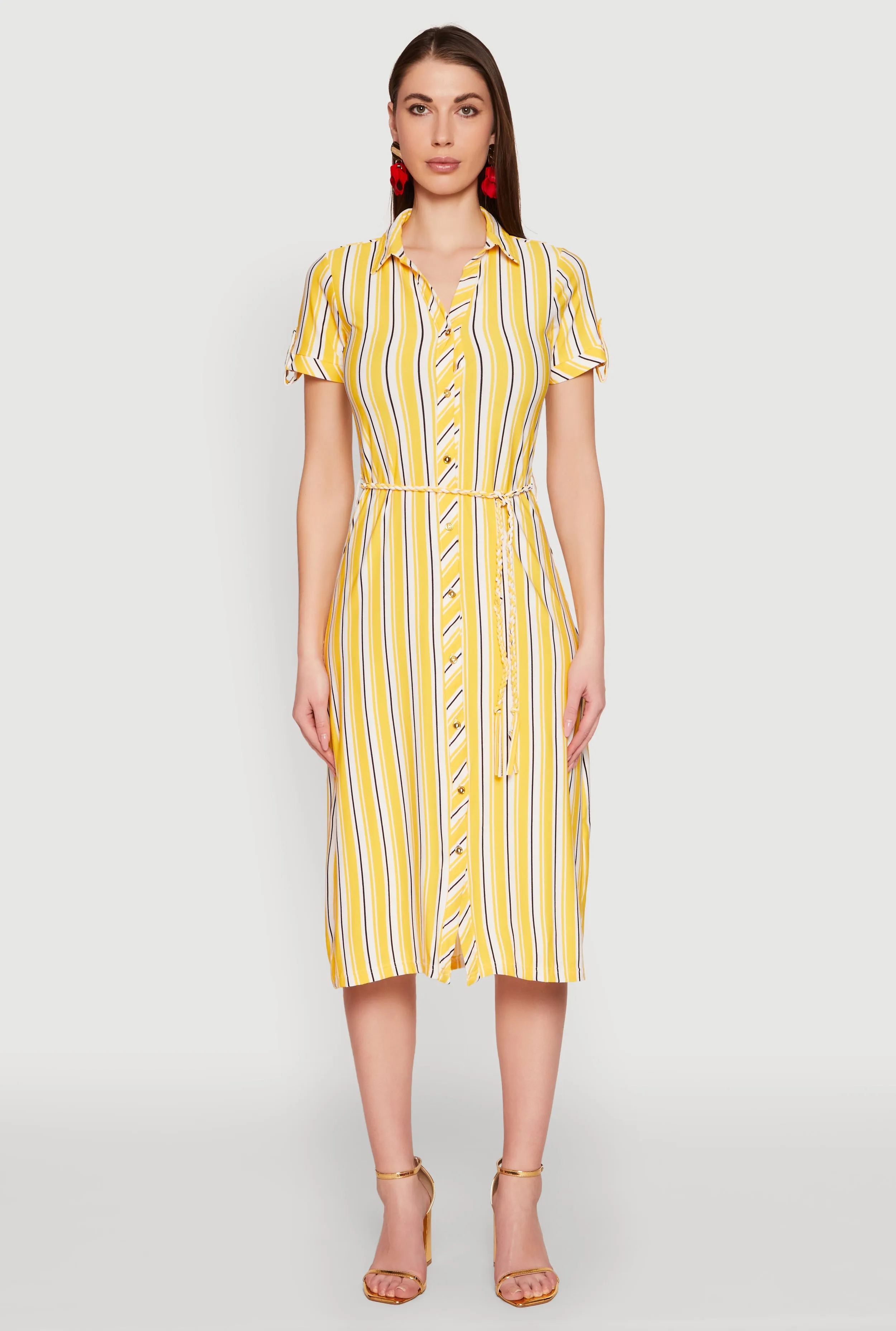 Open-back Striped Short Sleeve Shirt Dress