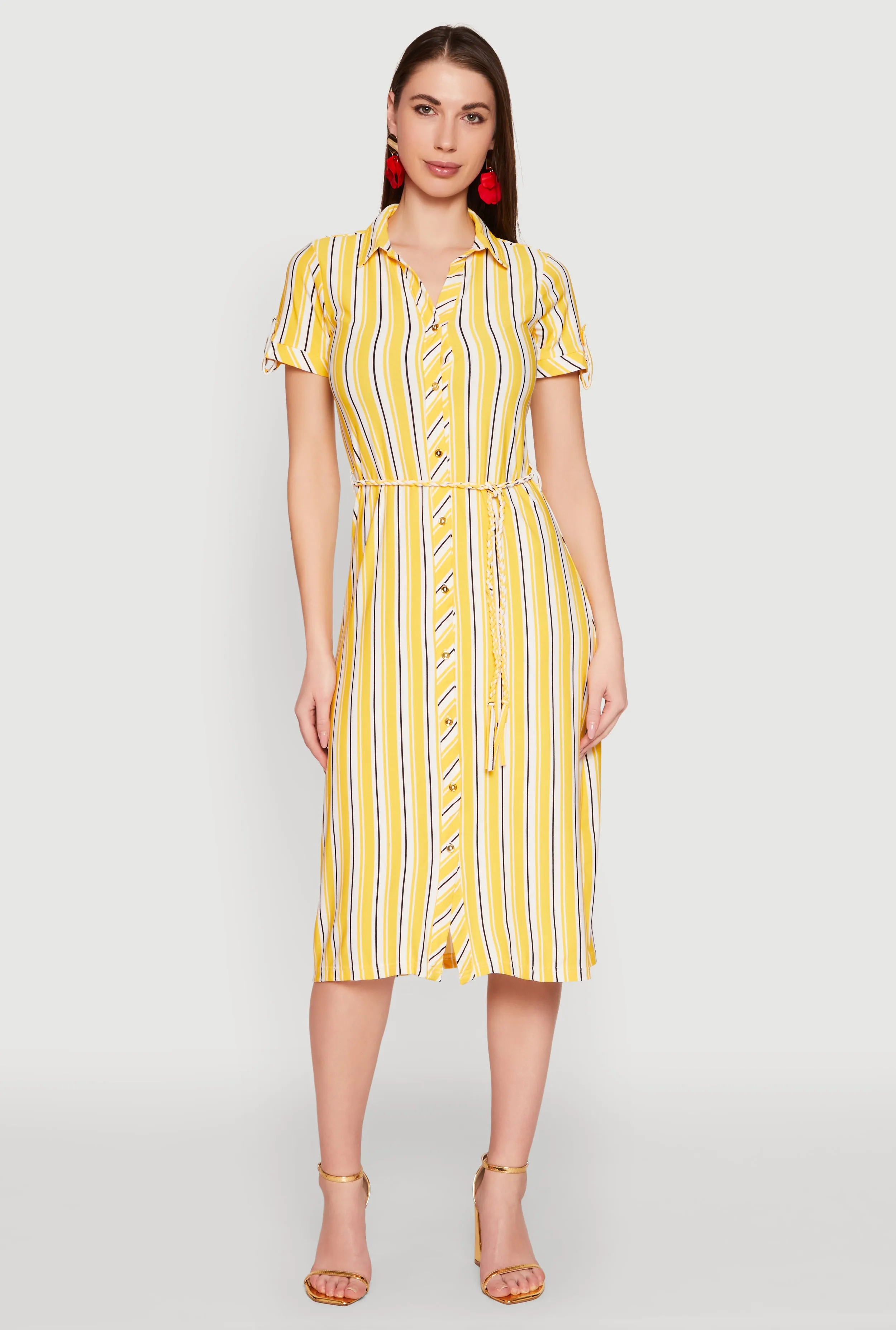 retro-style Striped Short Sleeve Shirt Dress
