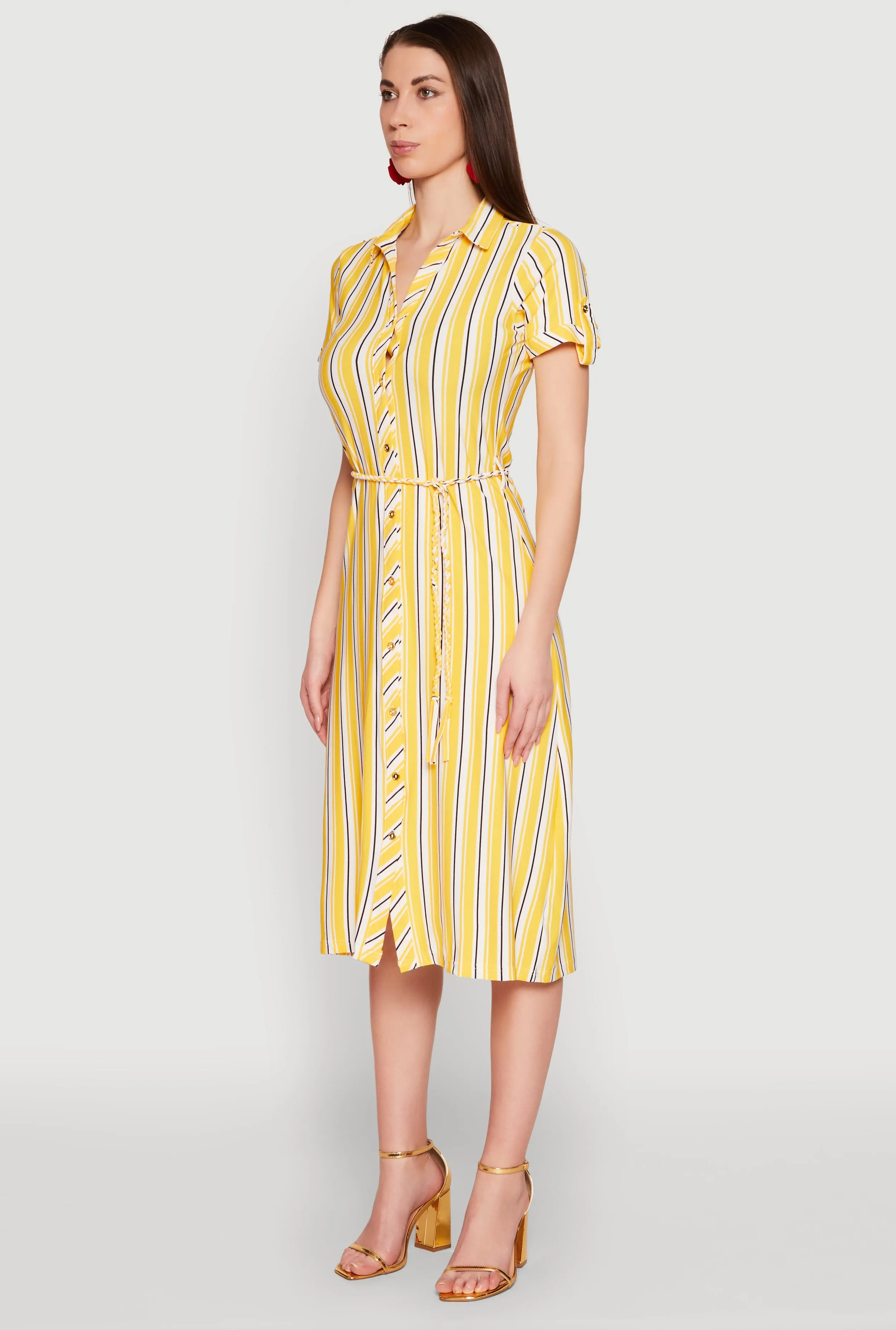 Petite-Size Subtle Detail Striped Short Sleeve Shirt Dress