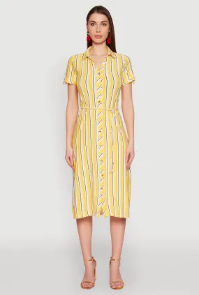 Open-back Striped Short Sleeve Shirt Dress