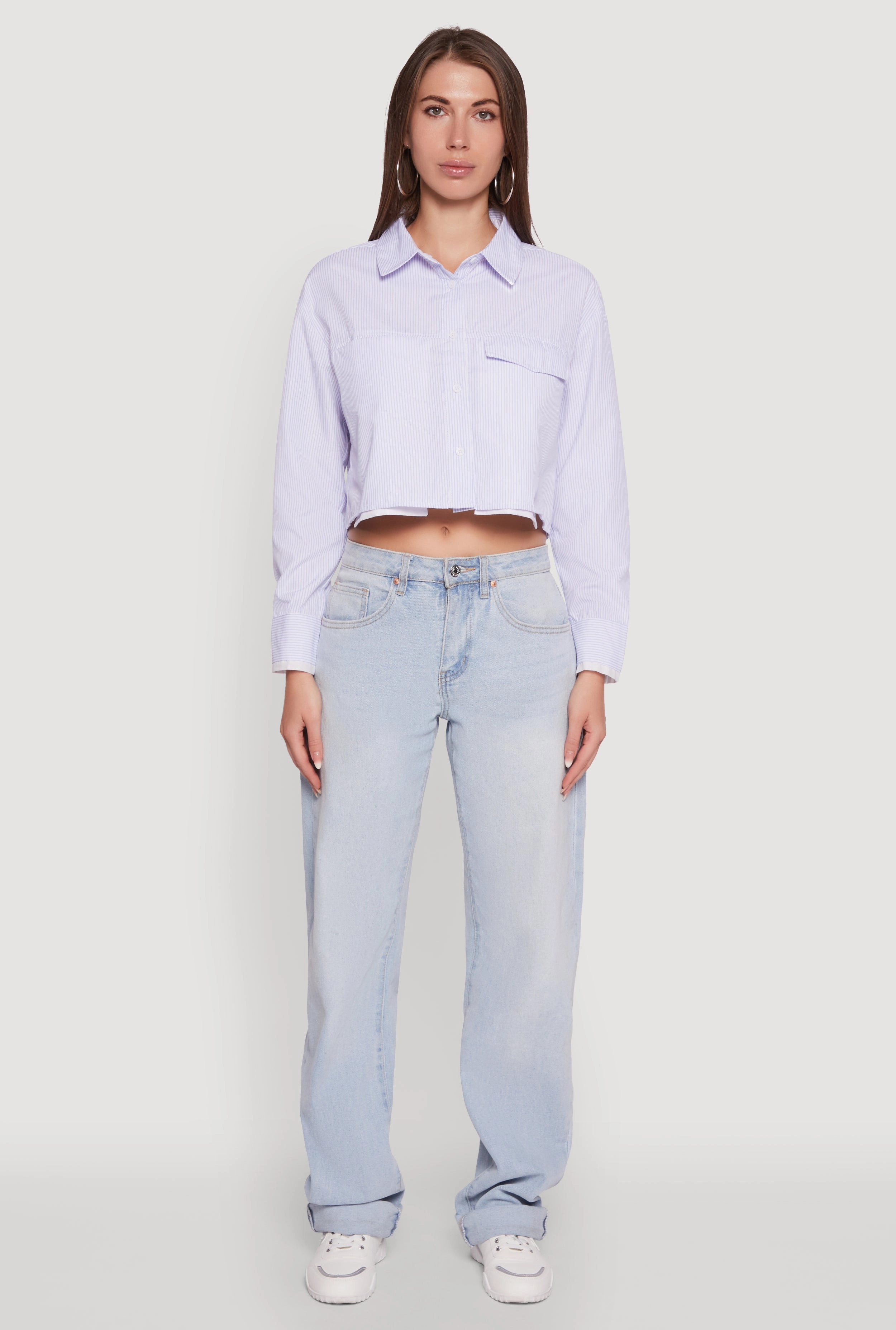 Budget Friendly Striped Long Sleeve Button Front Cropped Shirt