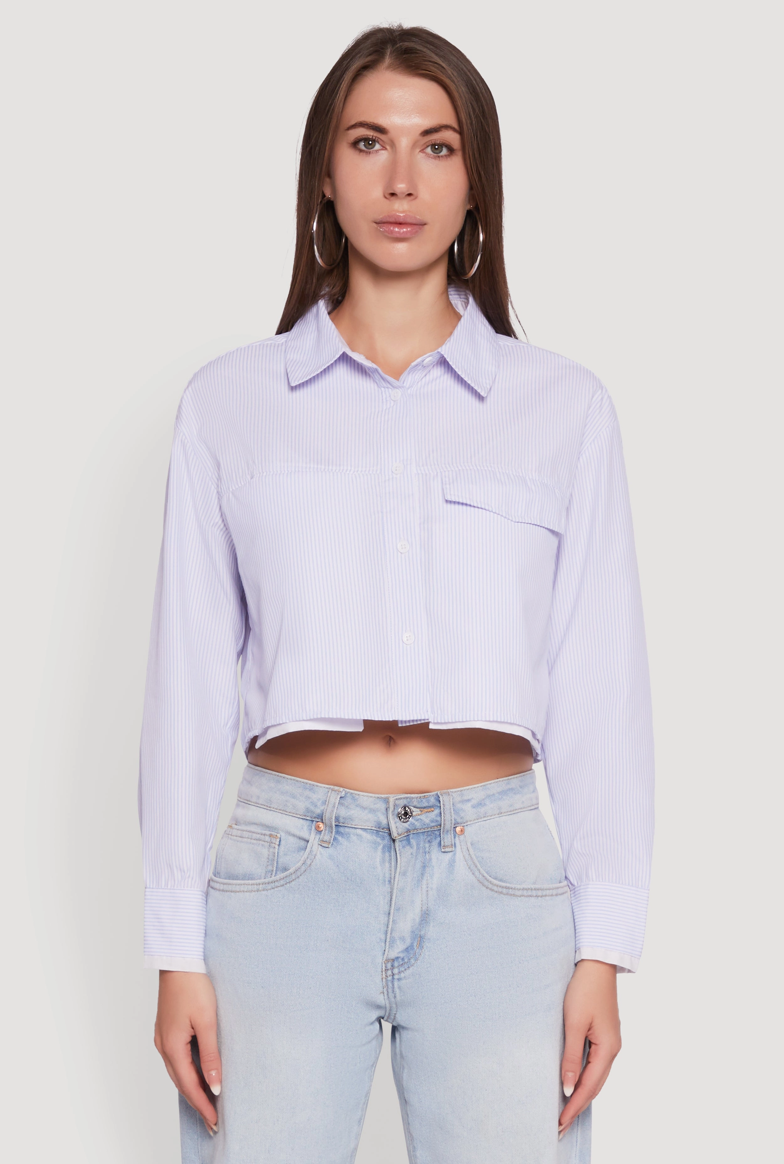 Striped Long Sleeve Button Front Cropped Shirt Batik Dull