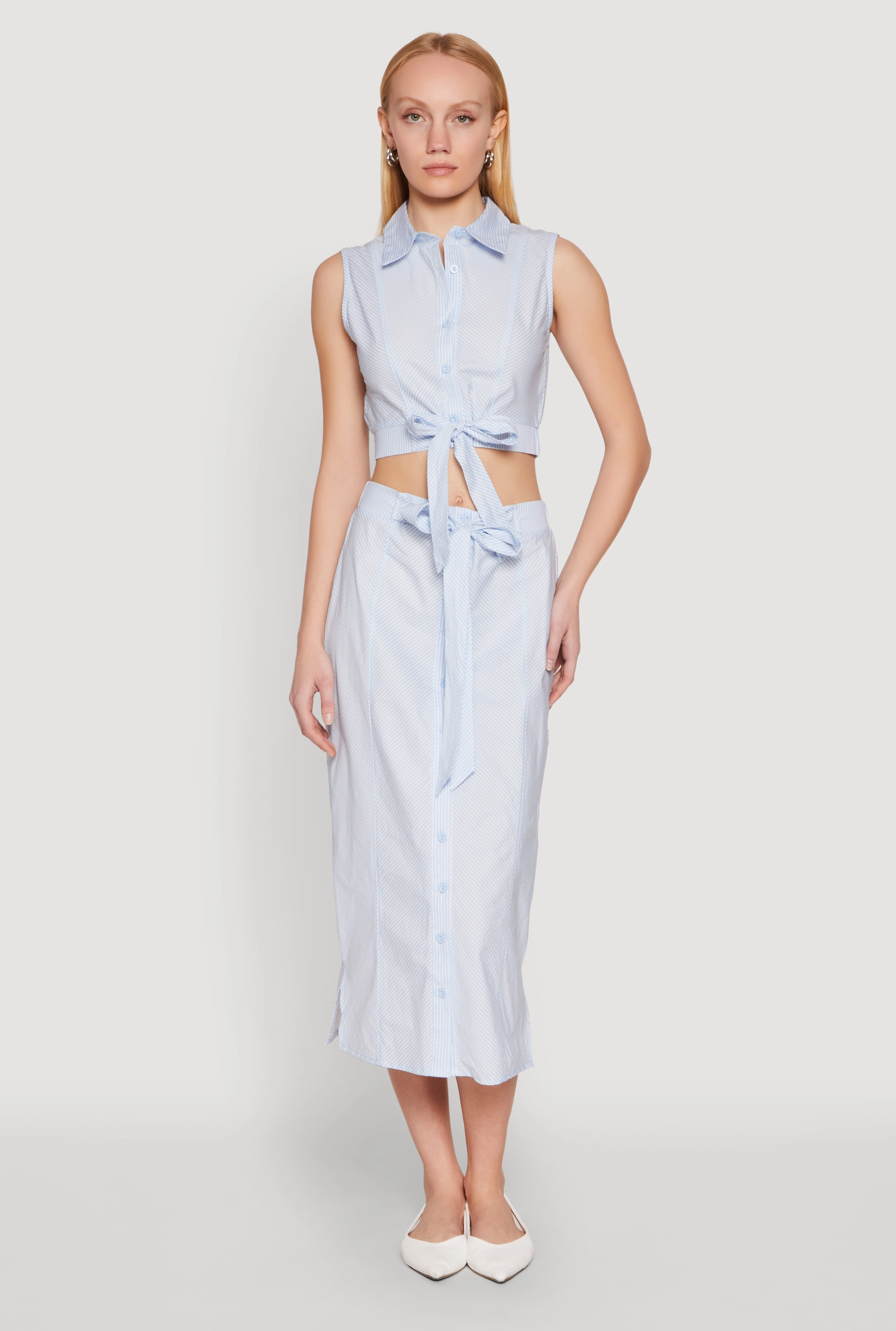 Minimal Vibes Breezy Outfit Striped Tie Front Midi Skirt