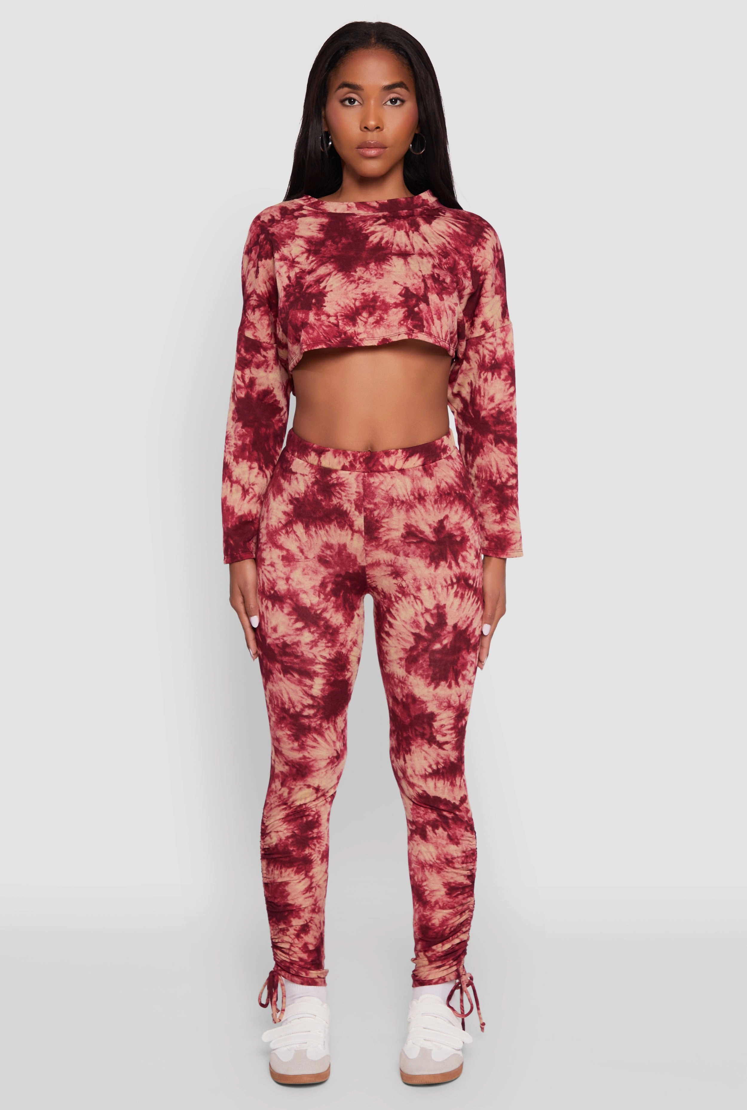 High Waisted Tie Dye Fleece Leggings with Drawstring Side Morning Jog Shape Retain Anti Pilling Finish