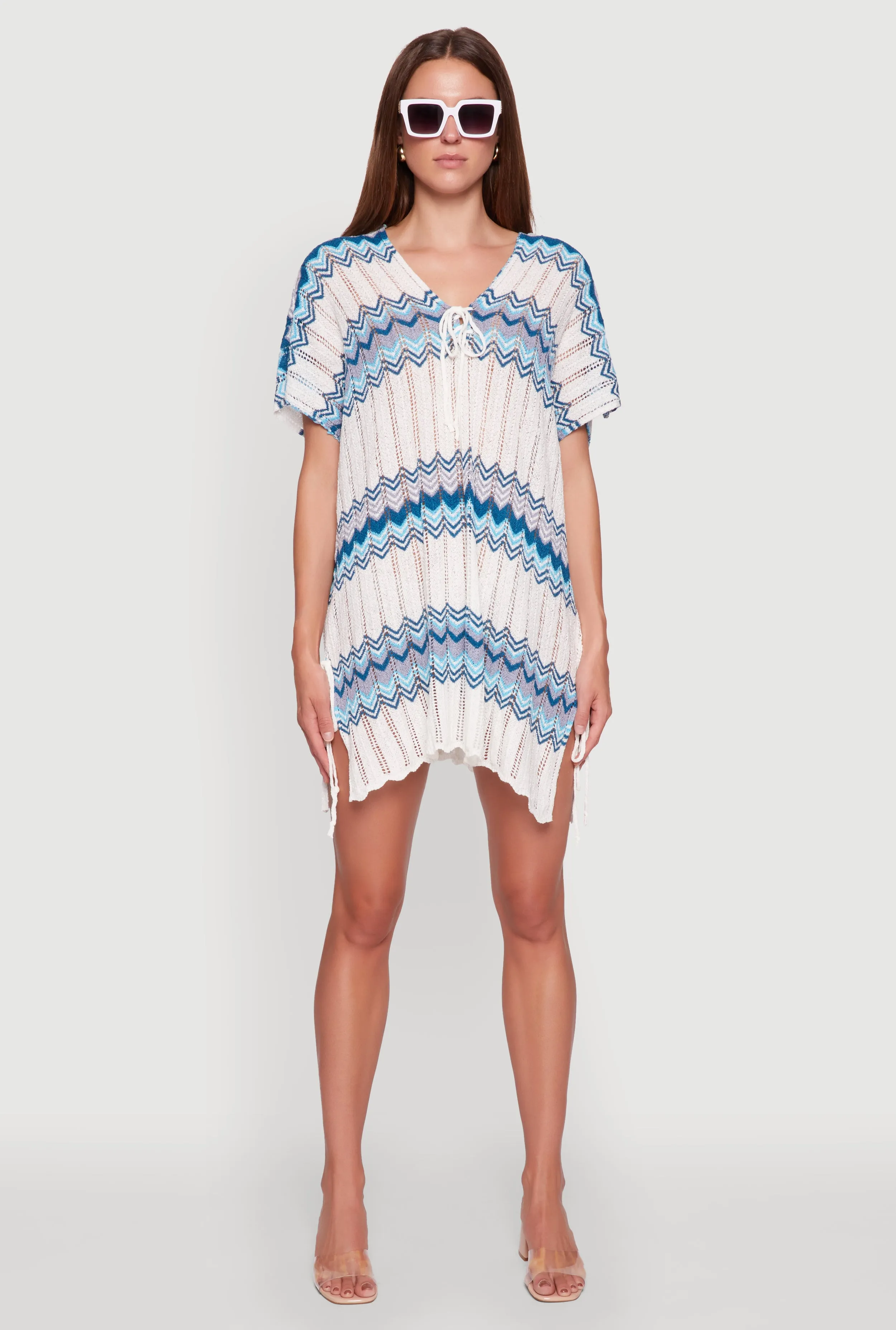 Transitional-Wear Stylish Crochet V-Neck Cover Up Dress with Tie Front