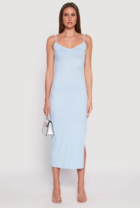 Jewel-Tone Modern and Feminine Ribbed Knit Side Slit Maxi Dress