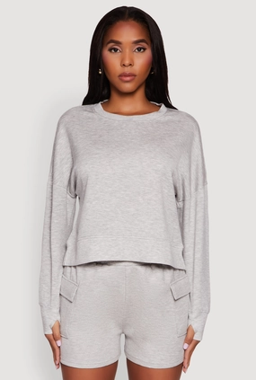 Stylish Long Sleeve Soft Knit Sweatshirt with Thumb Holes belt Layer
