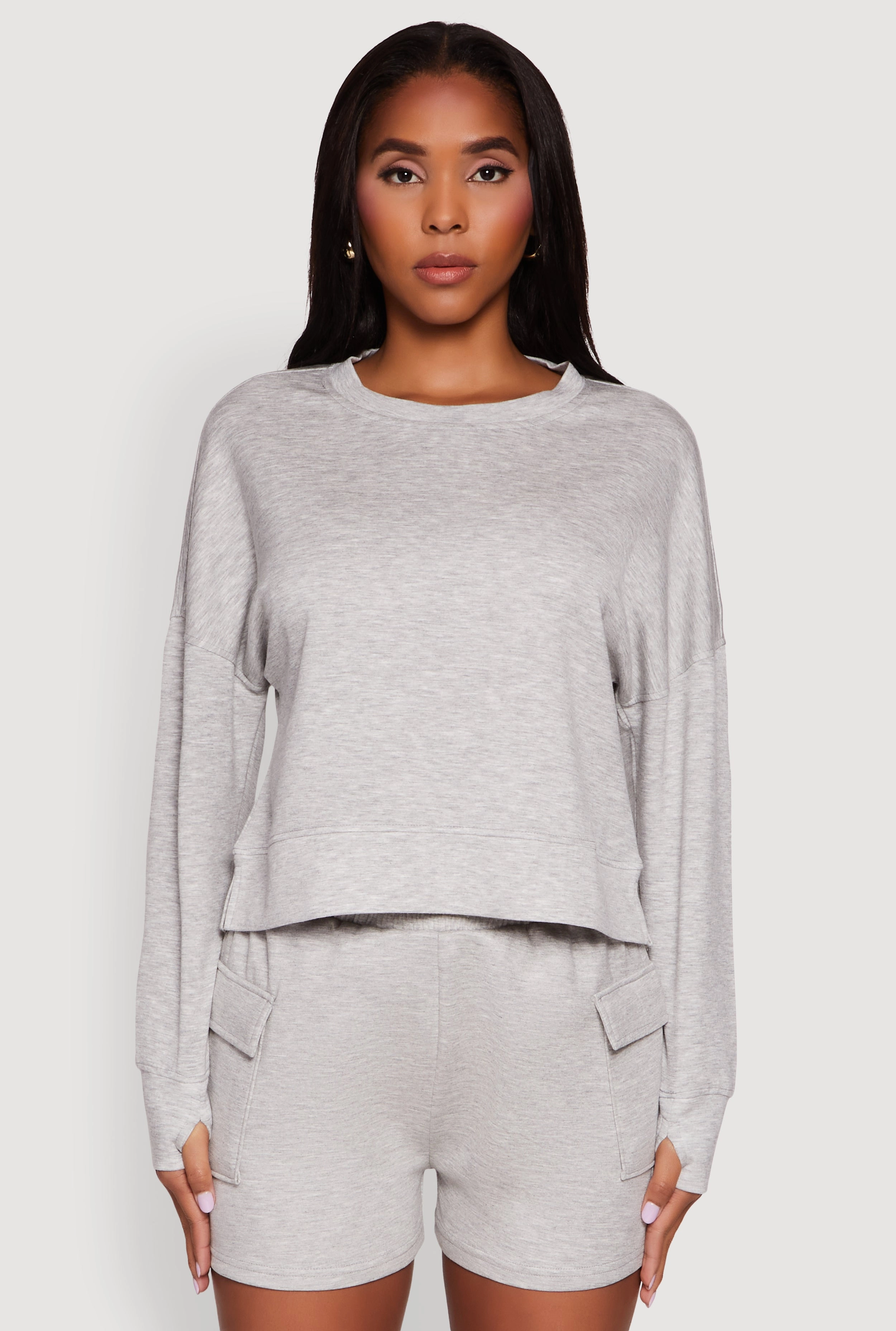 Stylish Long Sleeve Soft Knit Sweatshirt with Thumb Holes belt Layer