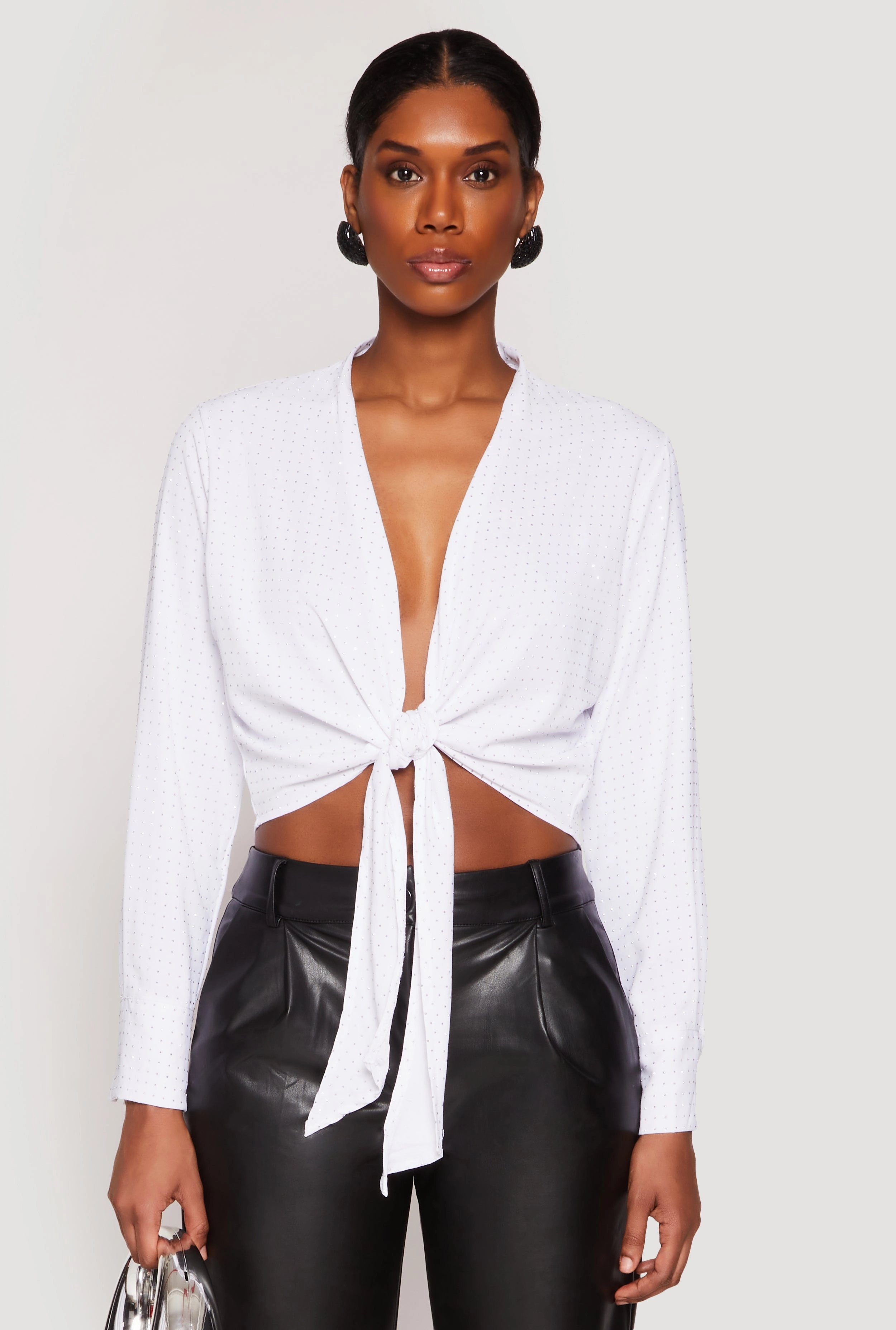 Rhinestone Tie Front Top Soft Texture