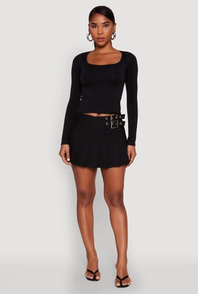 Belted Front Mini Pleated Skirt urban scene Reinforced Seams