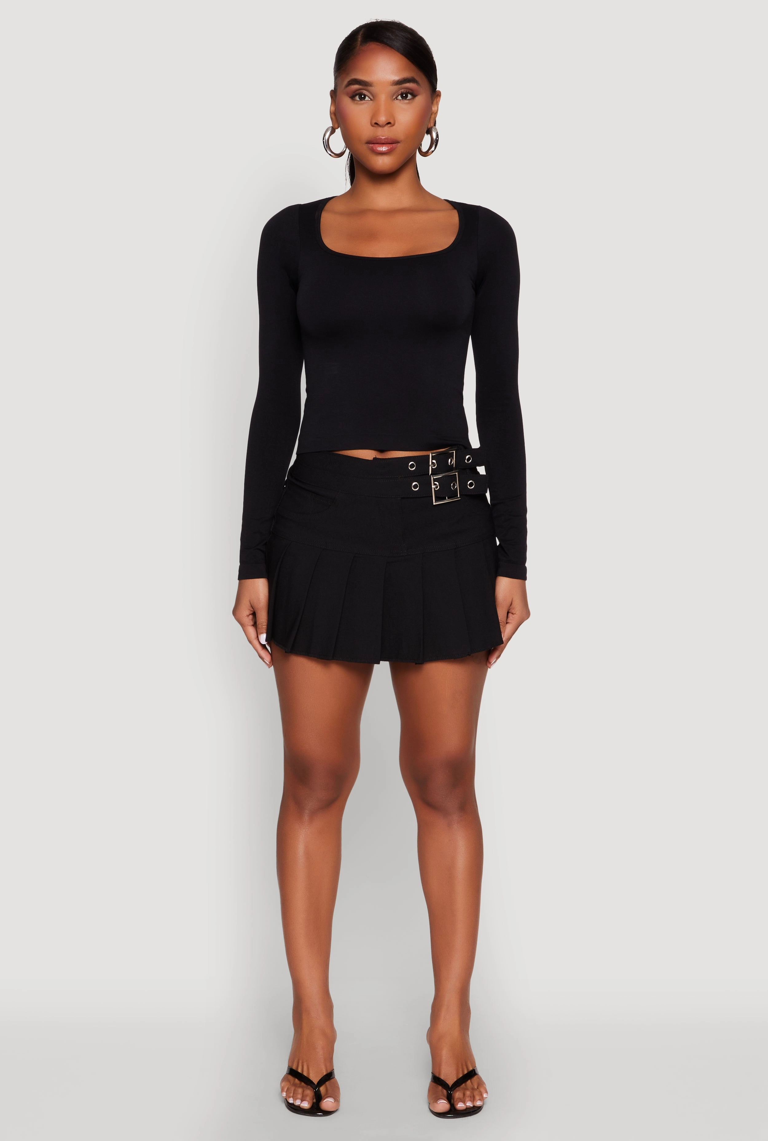 Asymmetrical Cut Outfit Combo Belted Front Mini Pleated Skirt