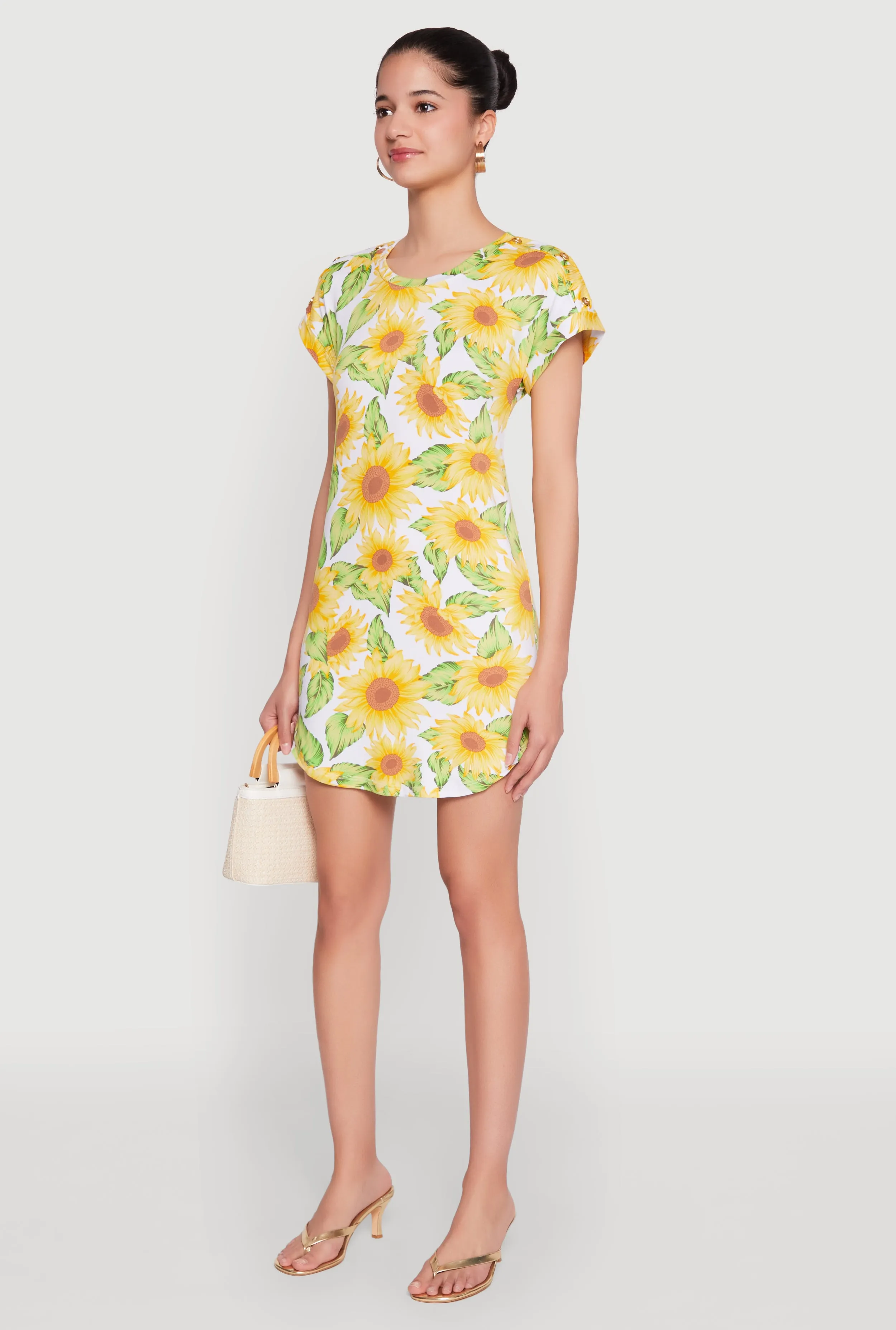 Sunflower Print Shift Dress Date Nightwear Subtle-Print