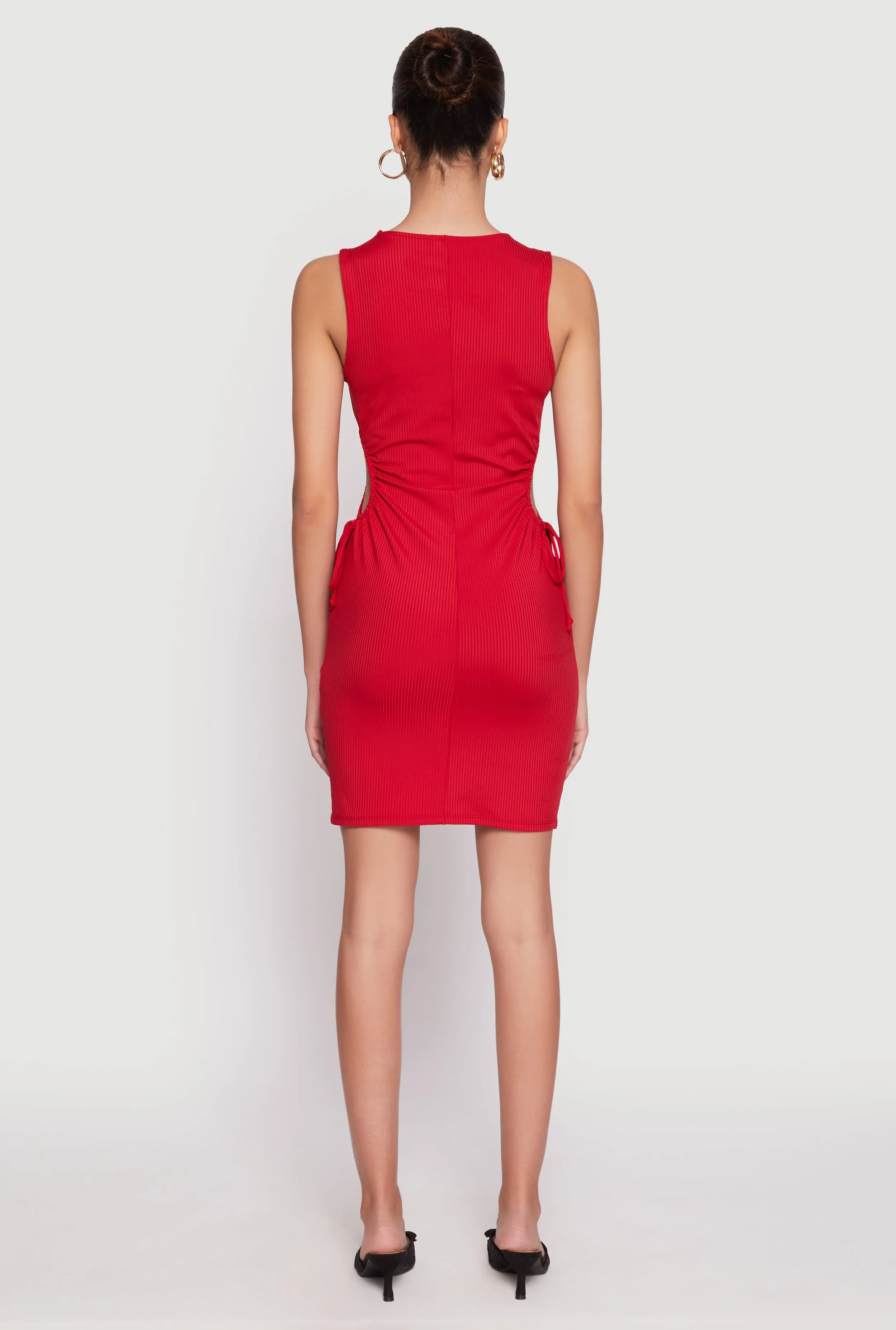 Ribbed Knit Drawstring Side Cut Out Dress Farm Scene