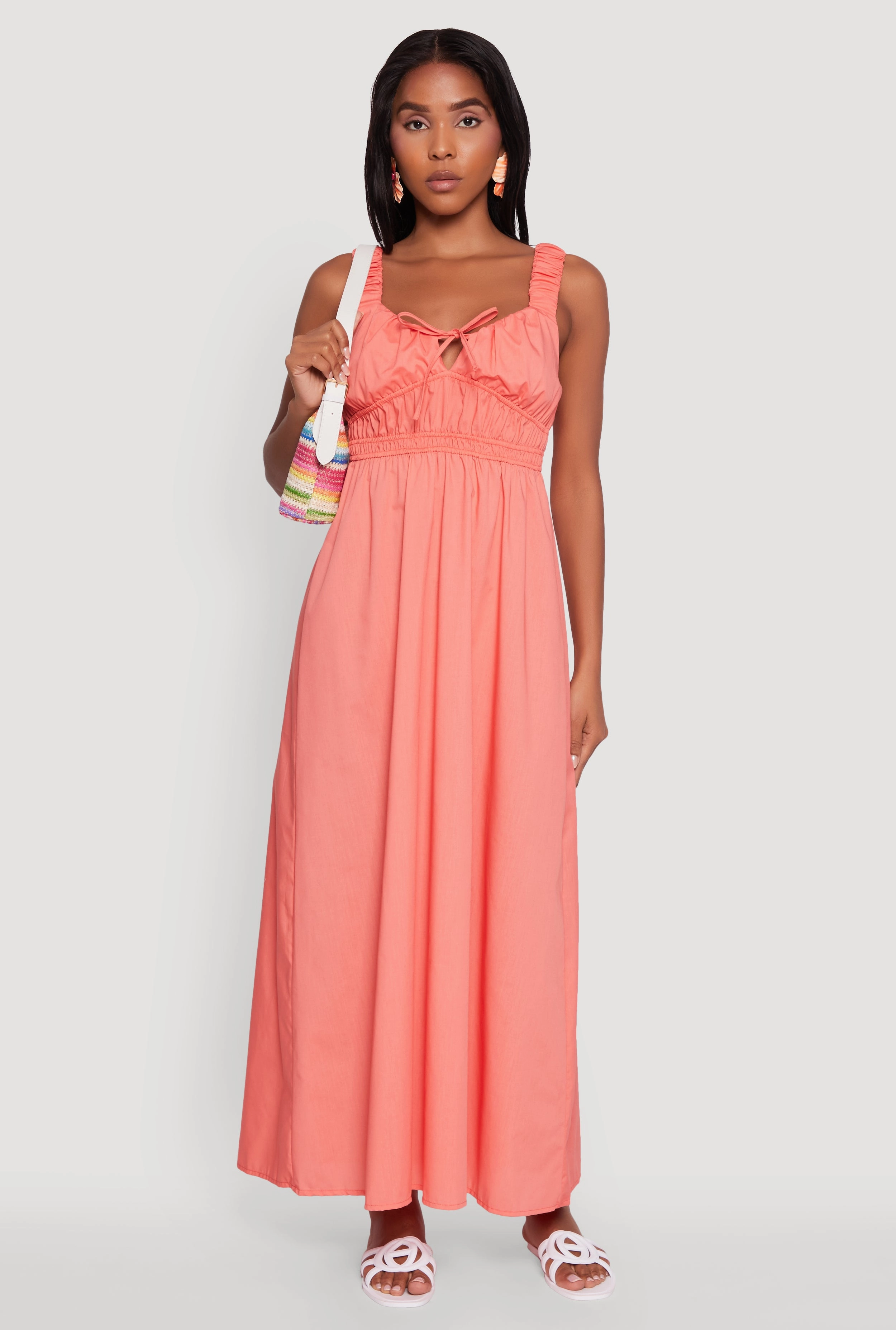 Poplin Sleeveless Scoop Neck Tie Front Maxi Dress Work Vibes