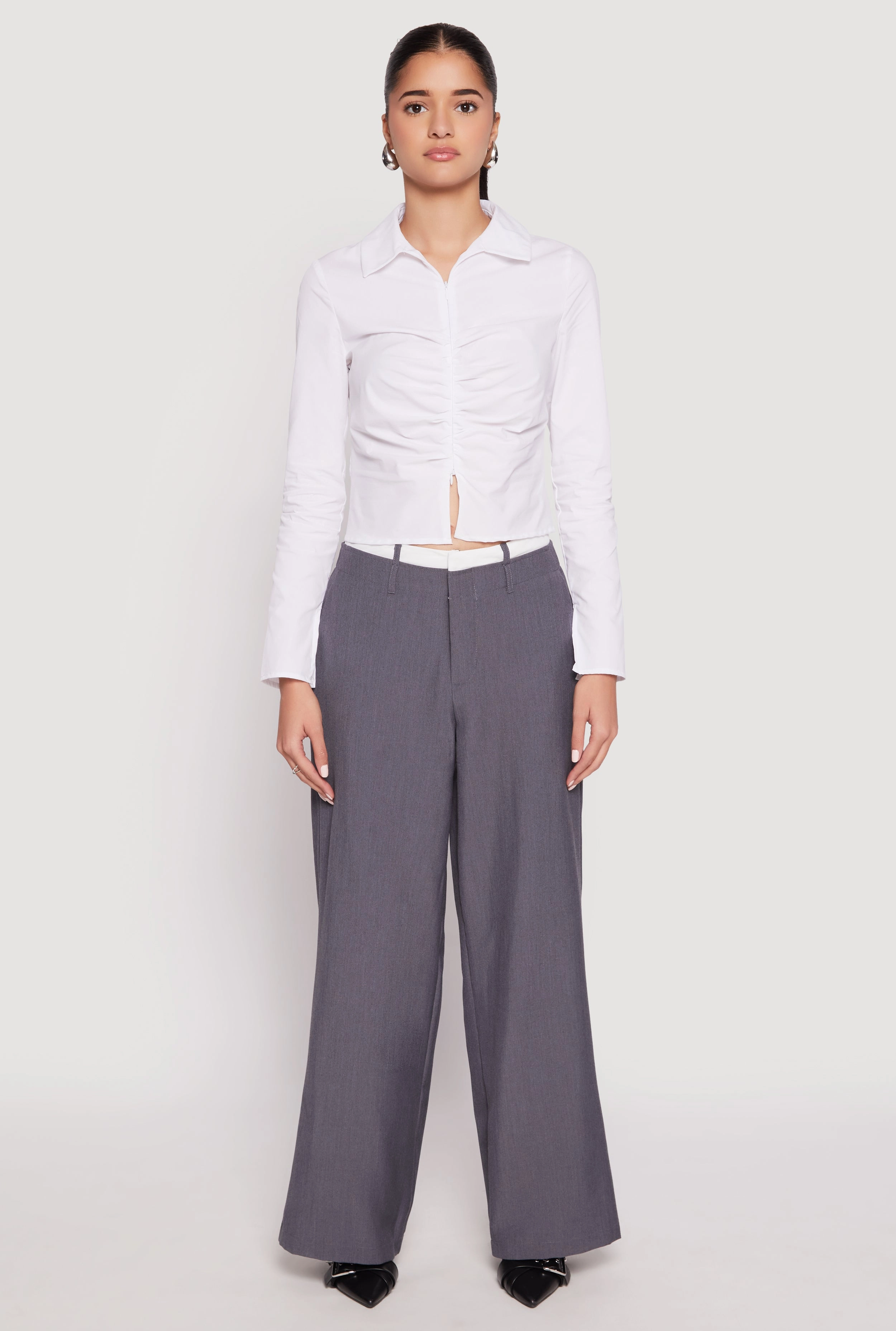 Ruched Double Zip Front Shirt Earrings
