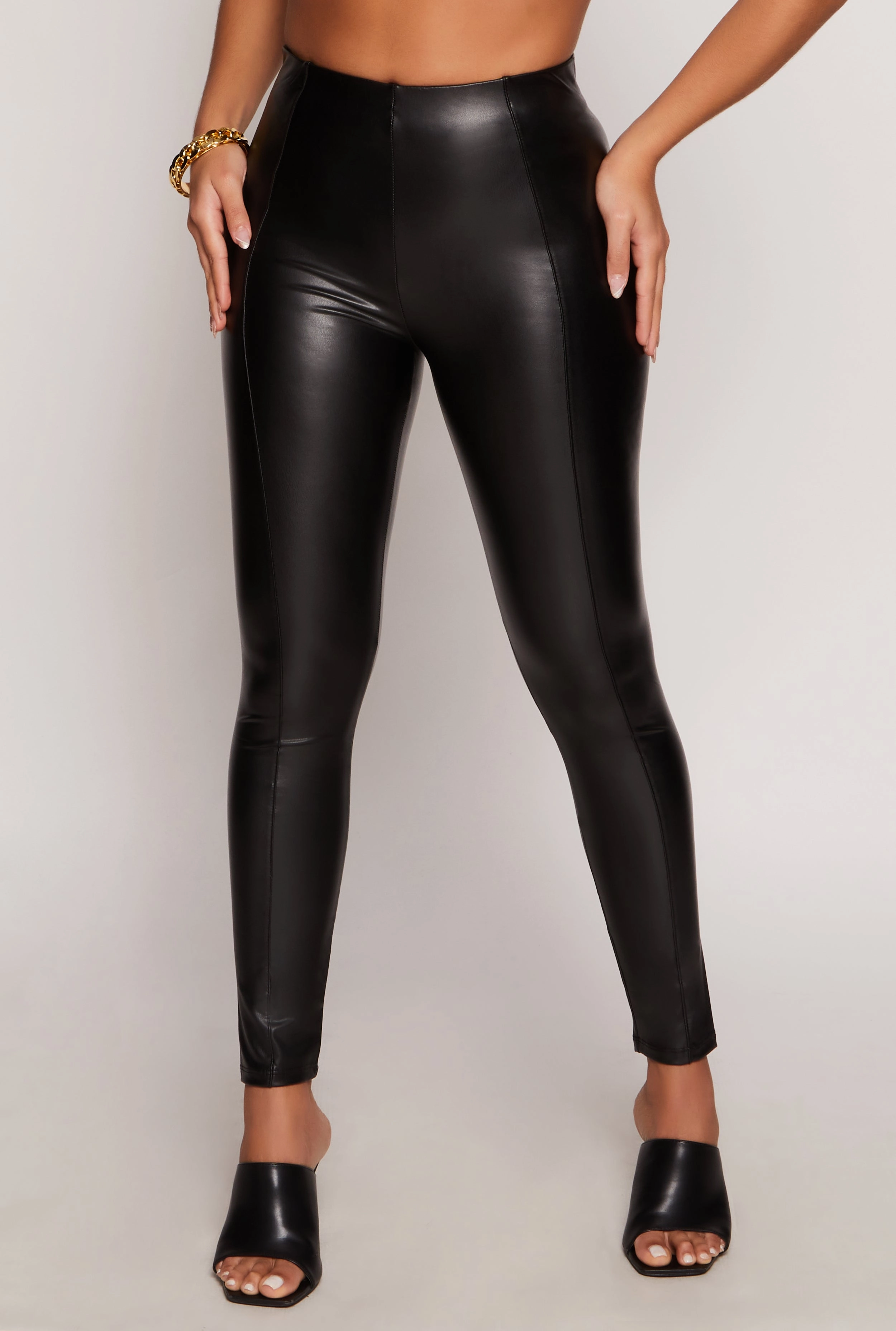 Minimalist Style Winter Sports Faux Leather Pintuck High Waist Leggings