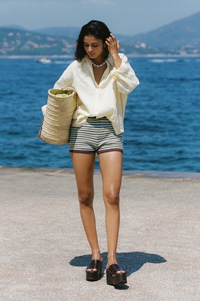 Perfect Stranger Dawn Crochet Mini Shorts Green/Blue Stripe water sports gear Reinforced Stitching