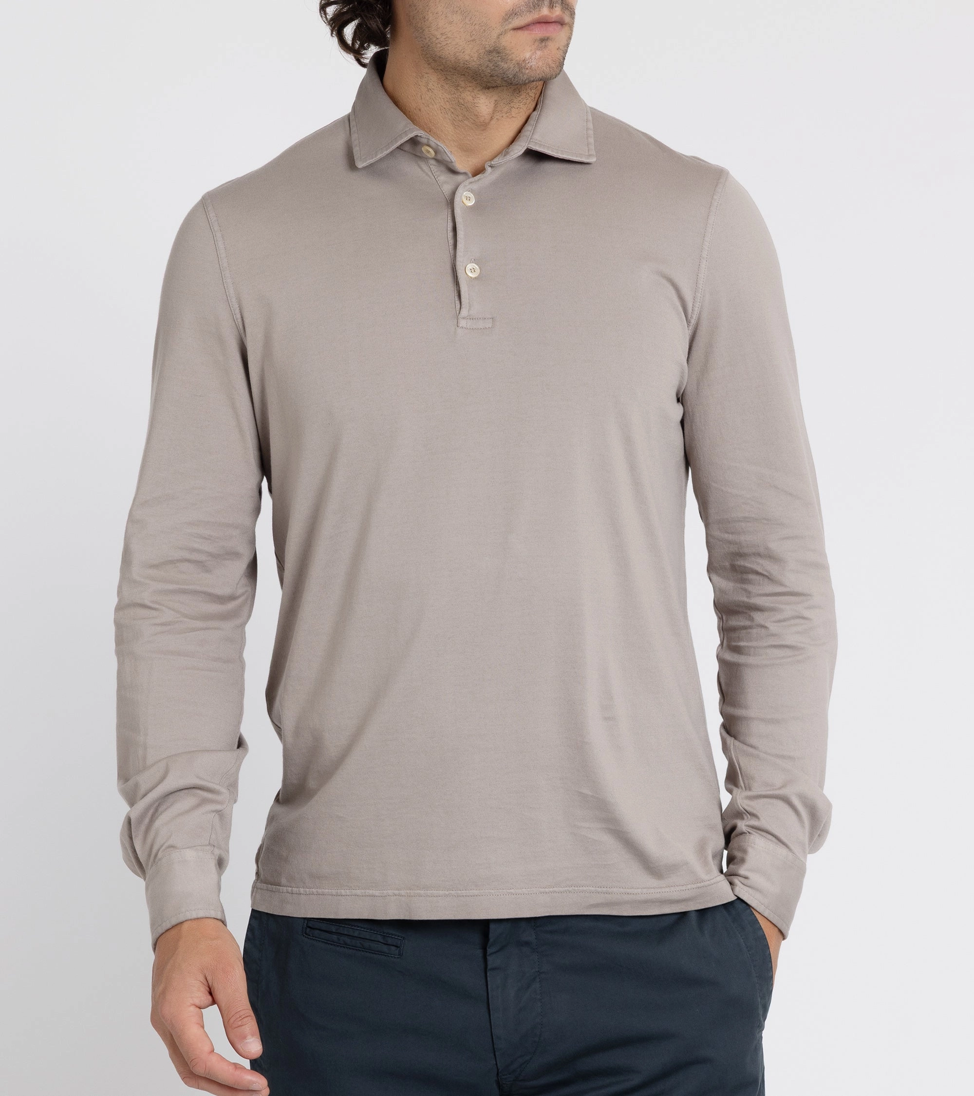 Fedeli Zero Organic Cotton Jersey Long Sleeve Polo Shirt: Greige Premium Quality
