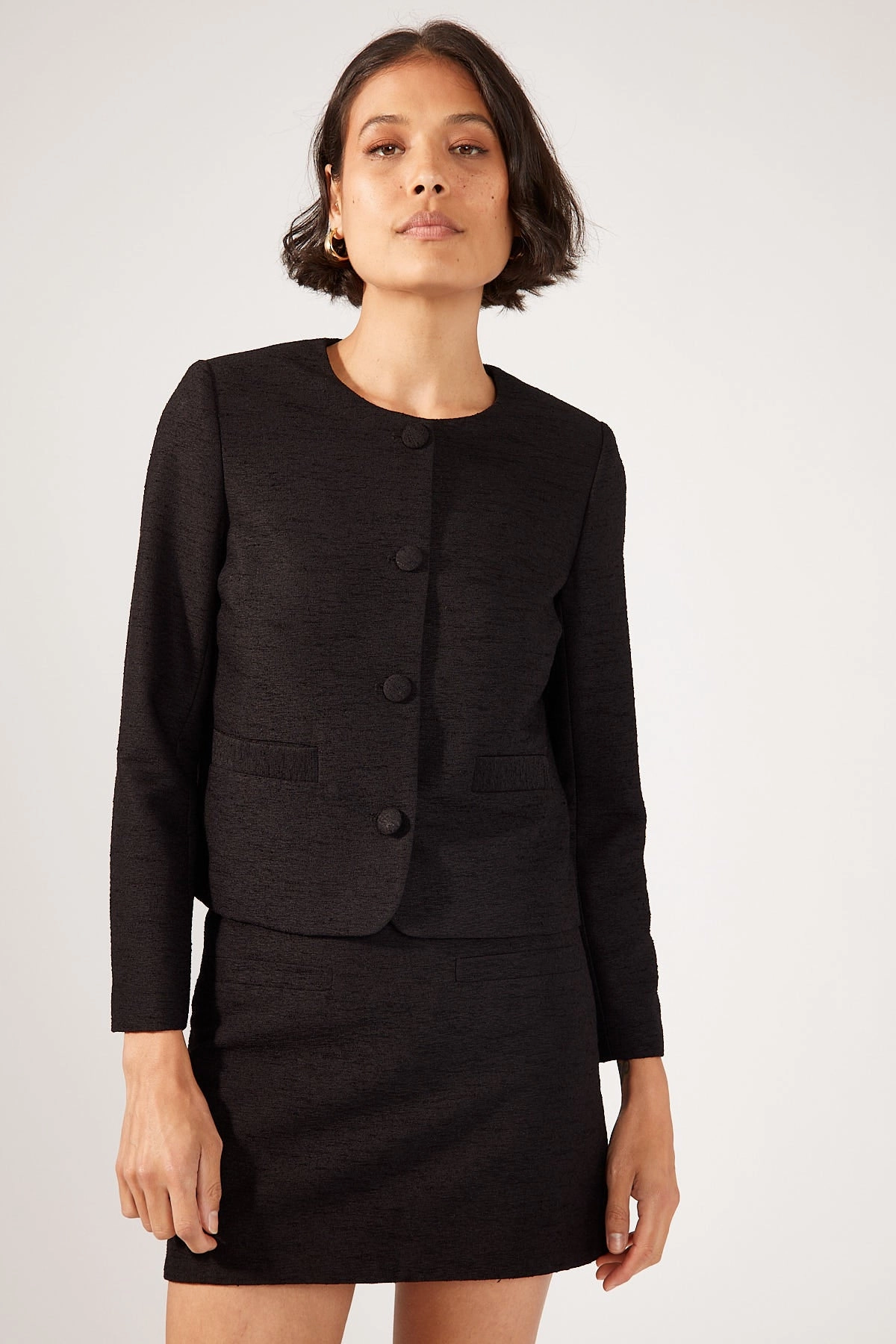 Down Stuffed Multi Pocket Layout Perfect Stranger Posh Classic Fitted Textured Jacket Black