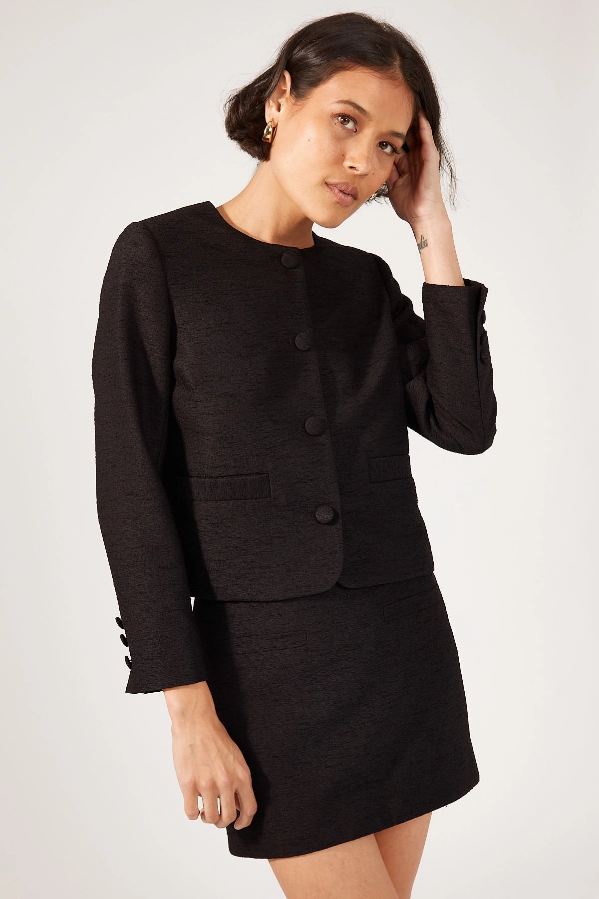 Perfect Stranger Posh Classic Fitted Textured Jacket Black Neutral Tones