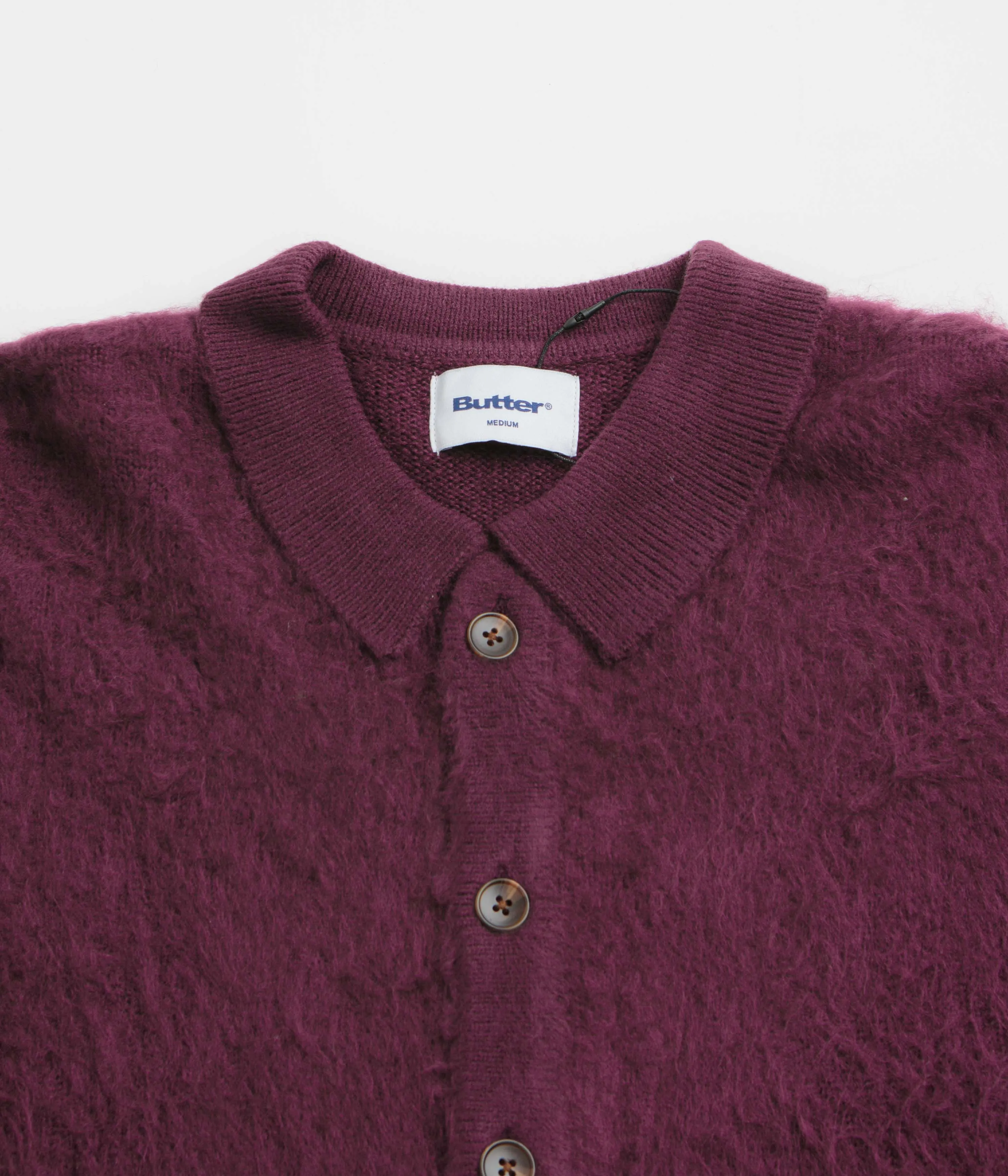 High-End Finish Floral Motif Butter Goods Mohair Button Up Knitted Shirt - Port