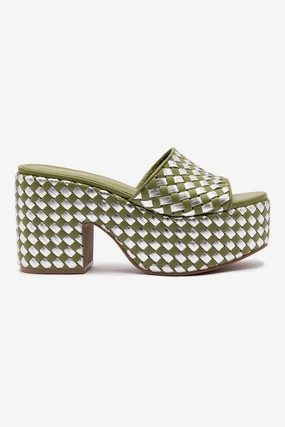 Cool Surface Miso Platform Sandal In Seaweed Leather and Silver Metallic Leather