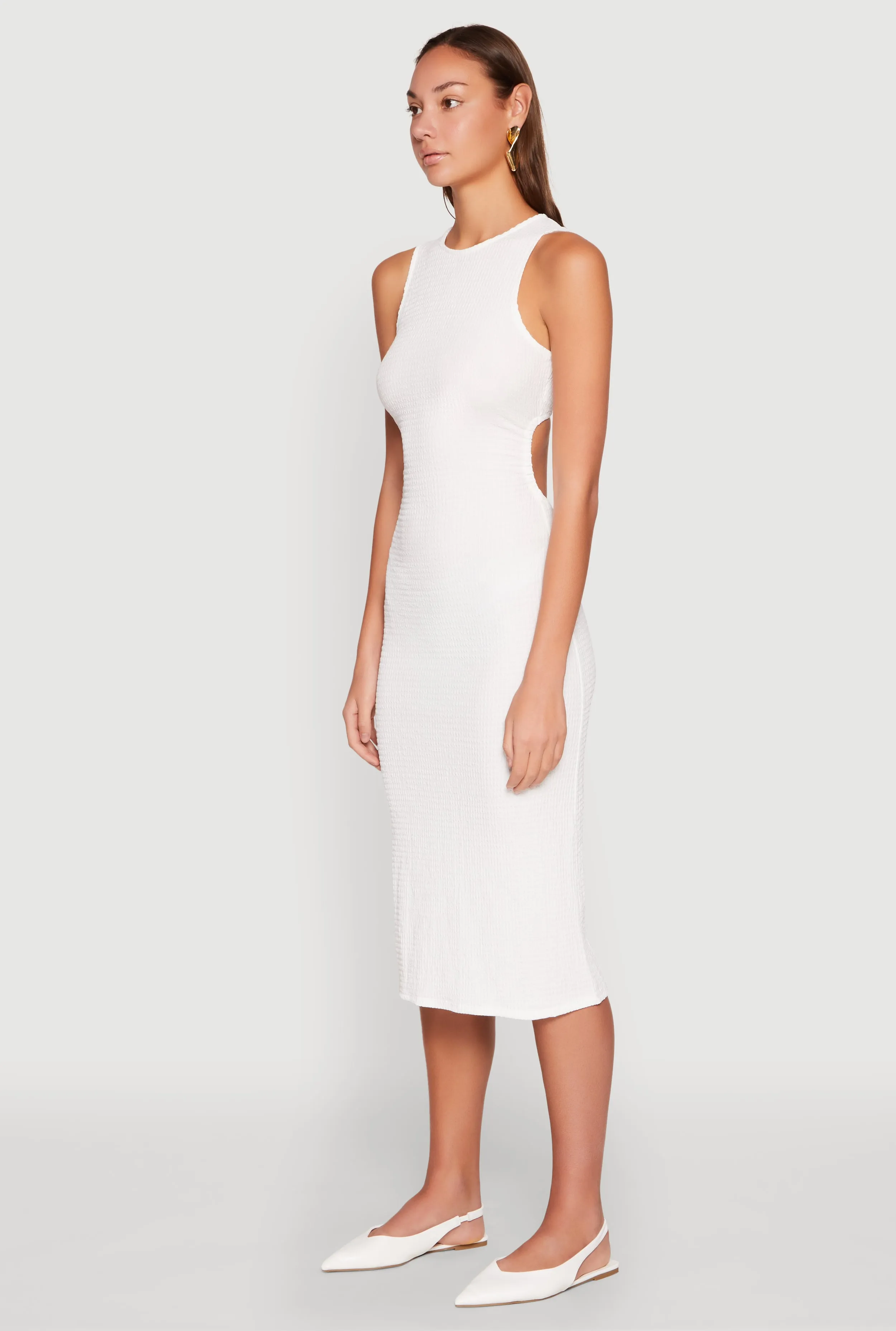 Earthy Hue Textured Knit Cut Out Midi Dress