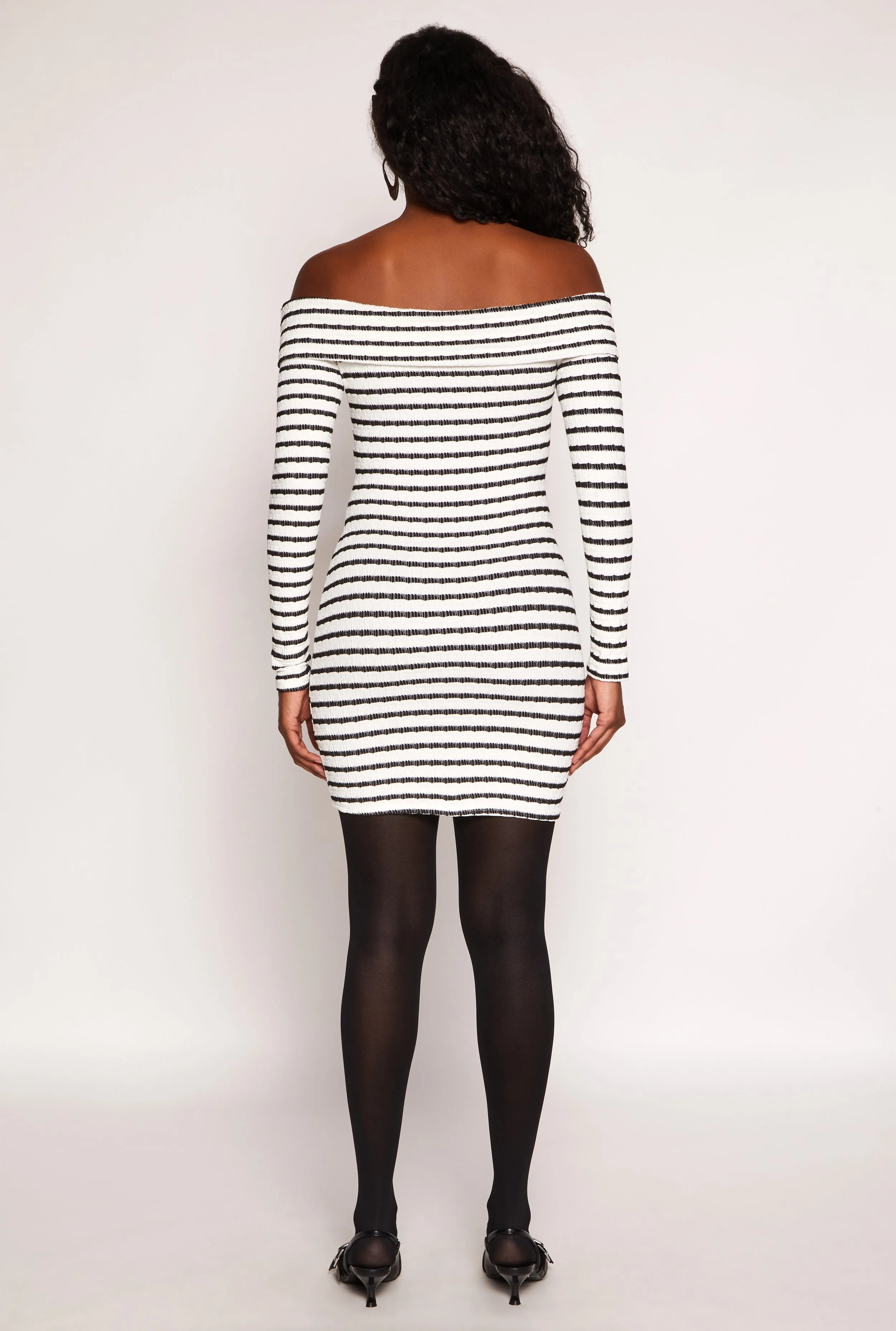 Daily Favorite Soft Material Textured Knit Striped Off The Shoulder Dress