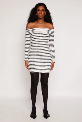 Relaxed-fit Korean Mood Textured Knit Striped Off The Shoulder Dress