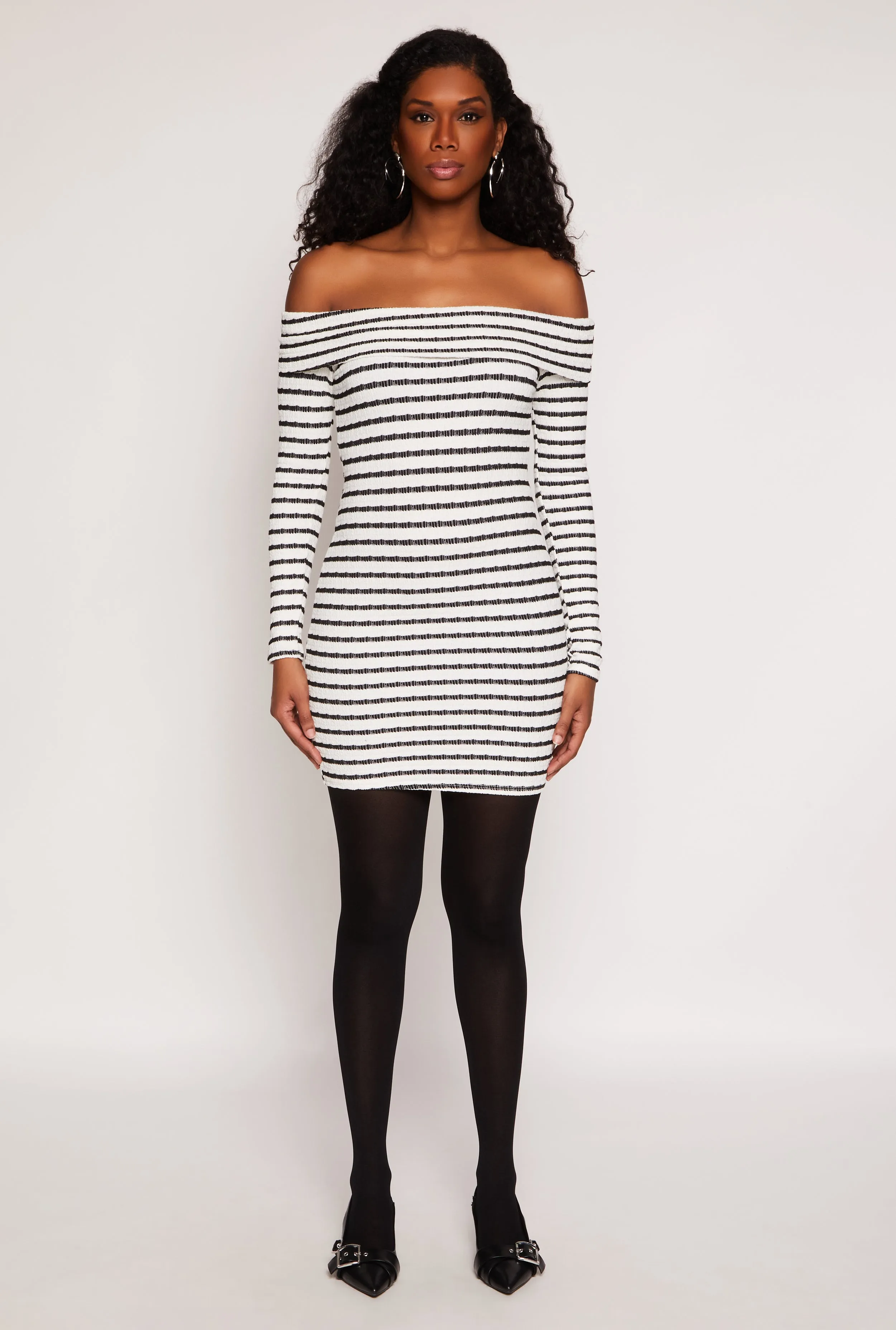 Relaxed-fit Korean Mood Textured Knit Striped Off The Shoulder Dress