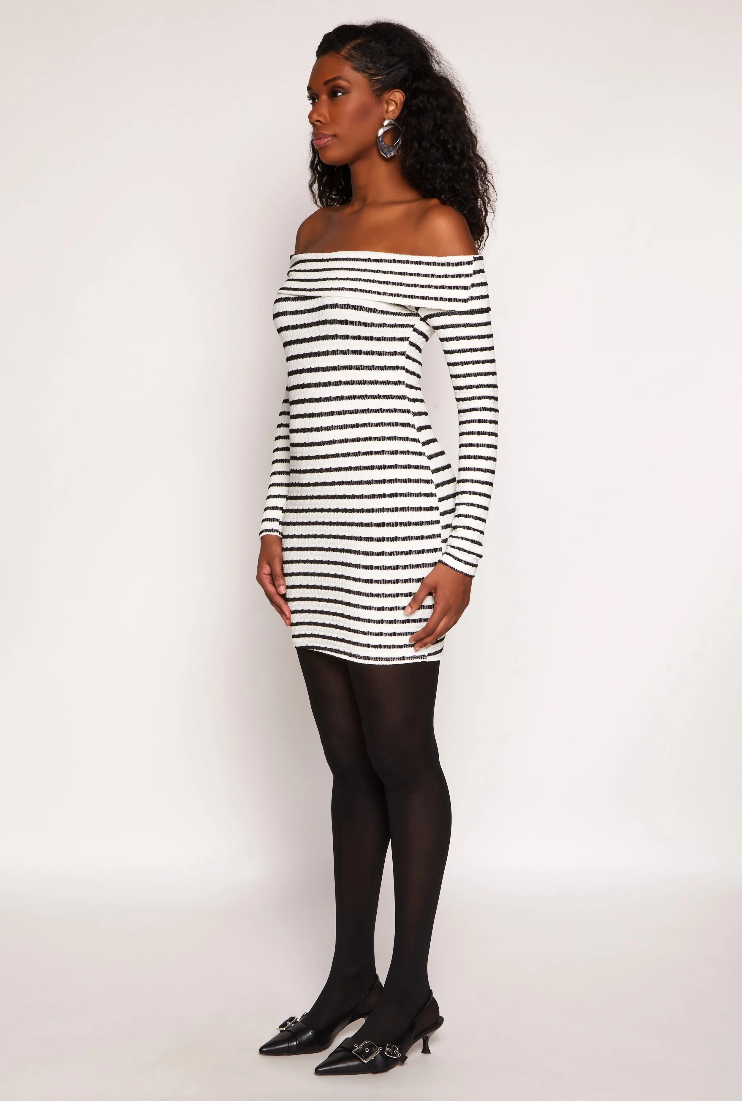 Textured Knit Striped Off The Shoulder Dress Work Look Contrasting Detail
