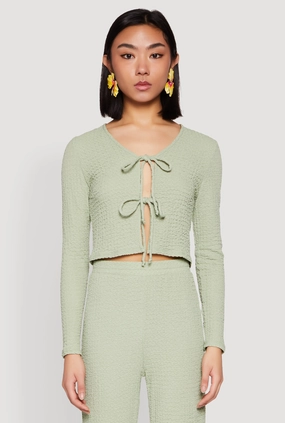 Pullover Wedding Textured Knit Double Tie Front Crop Top