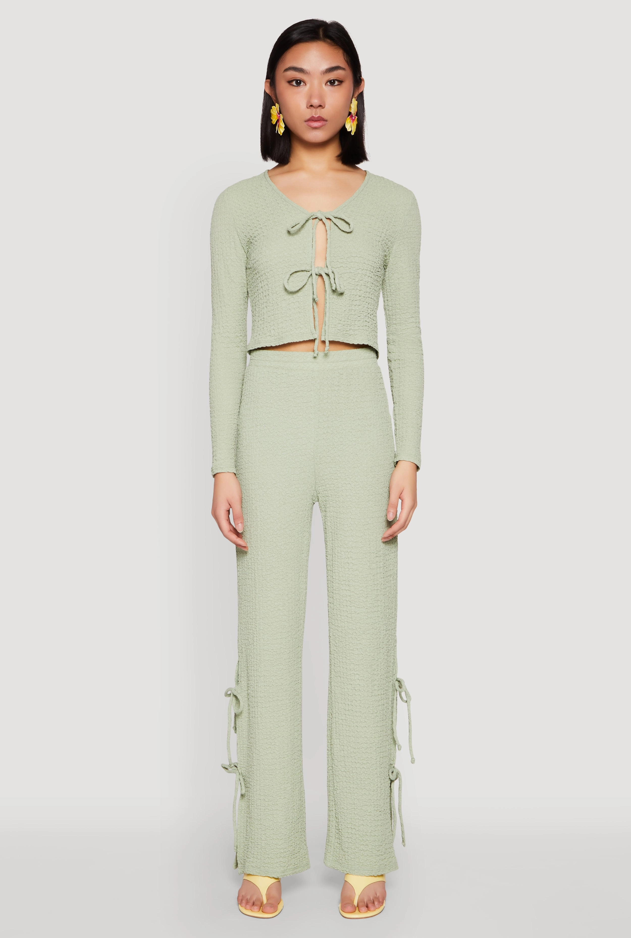 Wallpaper Textured Knit Double Tie Front Crop Top