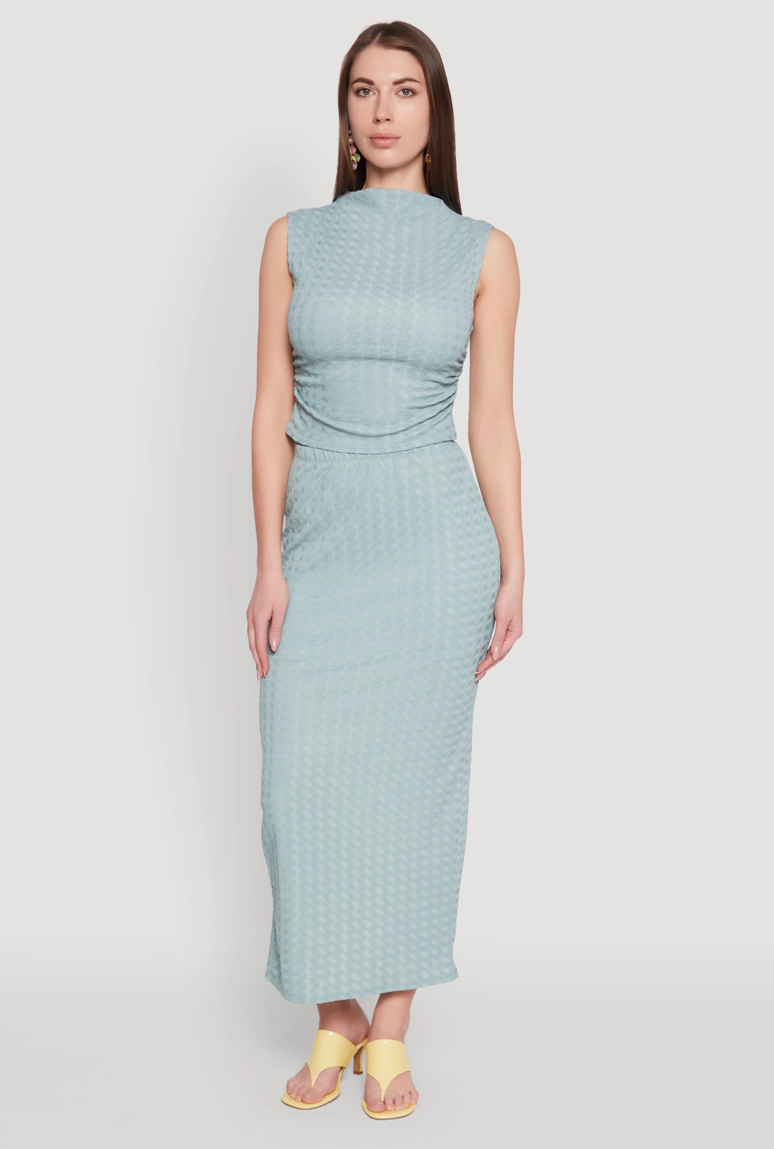 Textured Knit High Waisted Maxi Skirt Double Layered Design Erasable Crease